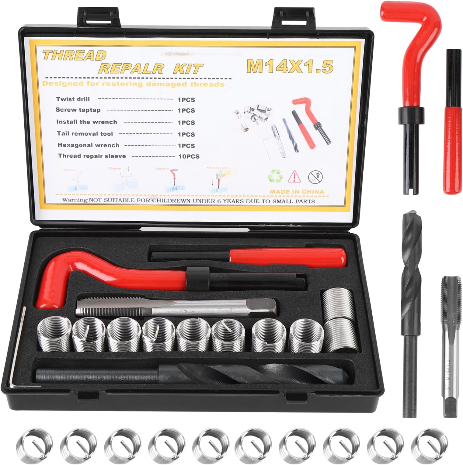 15 Pcs Thread Inserts M14x1.5 Female Thread Repairing Accessory Assortment Kit Drill Helicoil Repair Kit Applicable to High Voltage Switchgear, Microwave Communication