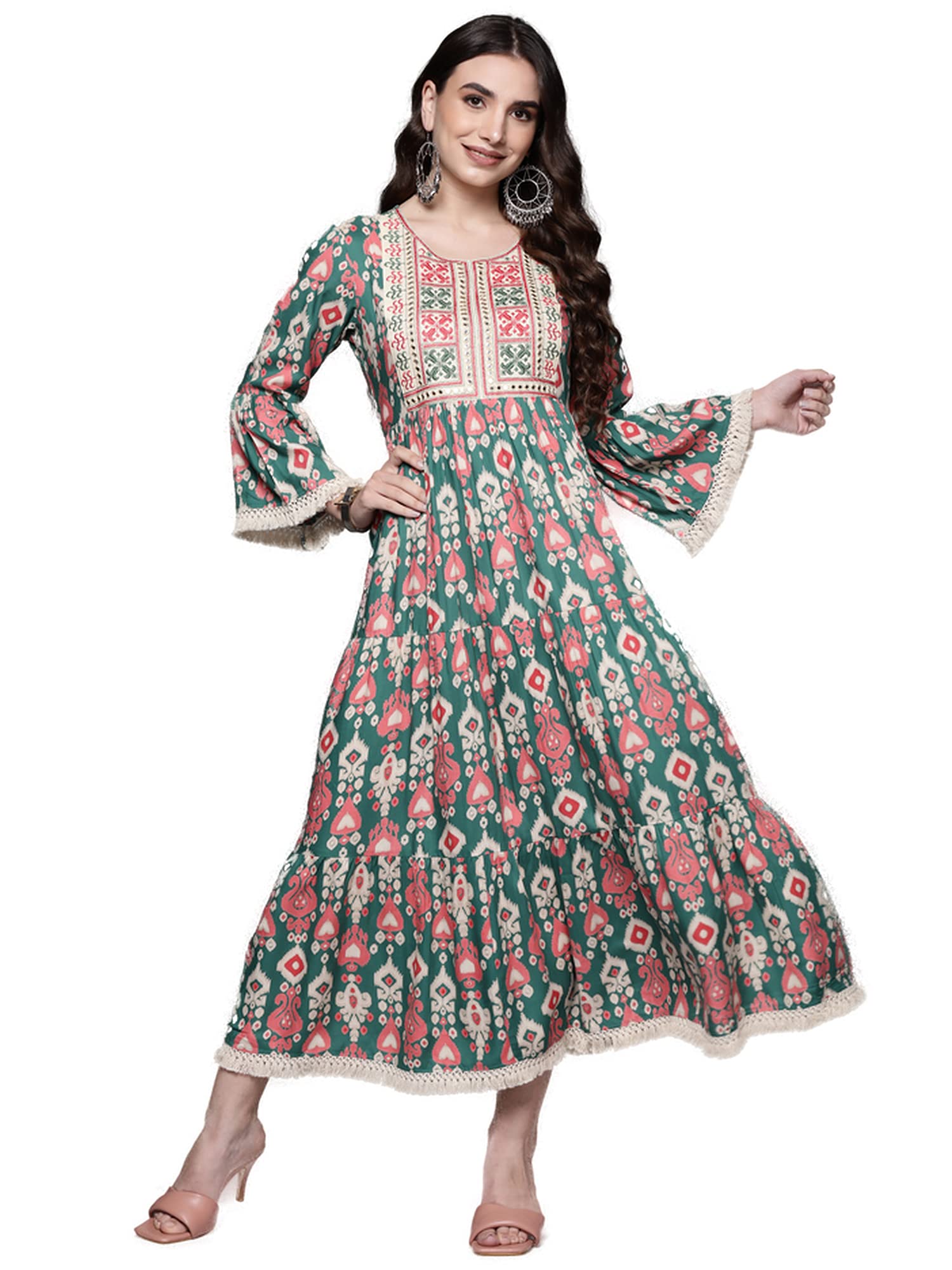 INDO ERA Women Multicolored Embroidered A-Line Ethnic Midi Dresses