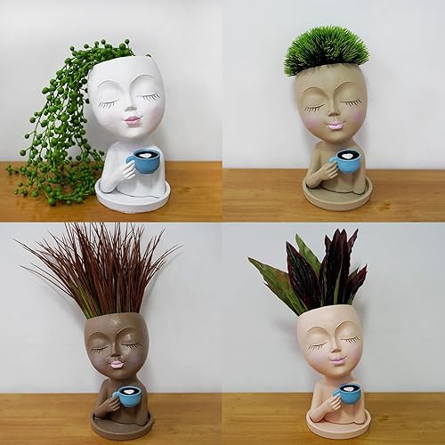 Miniatura 7 de Snowa Maceta 2 en 1 para suculentas, de resina, bonita maceta de cabeza, decoración de bricolaje con orificio de drenaje para sostener (109-marrón)