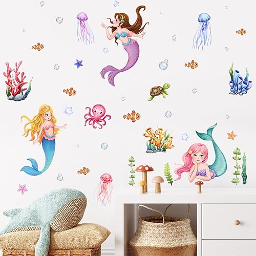 Miniatura 5 de Pegatinas de pared de sirena, peces de océano, calcomanías de pared de medusas, coral, bajo el mar, animales, papel tapiz para niñas, dormitorio,