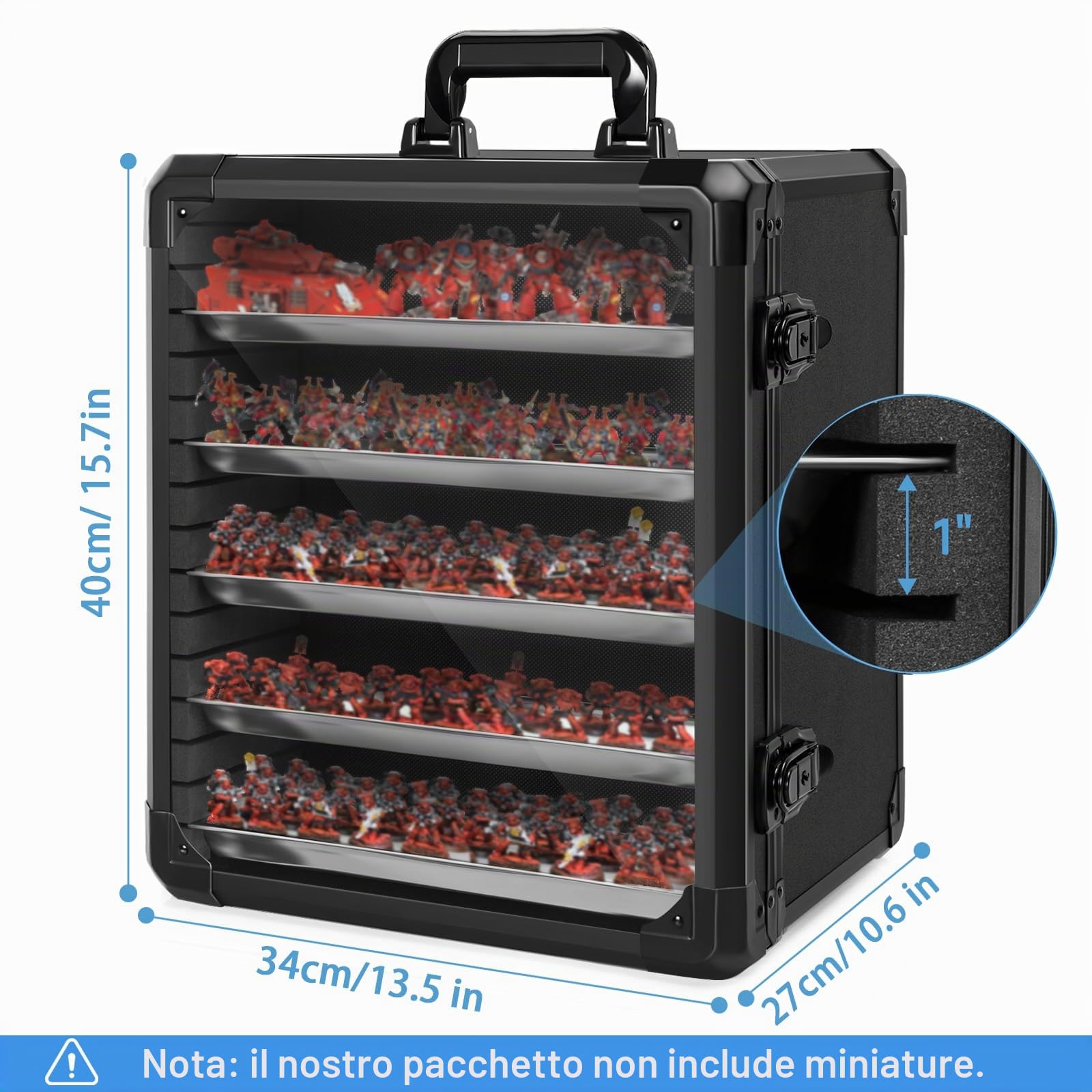 OUUTMEE Custodia per miniature, custodia per il trasporto di miniature con telaio in lega di alluminio, custodia per il trasporto in miniatura con 5 vassoi in metallo, scatola con serratura per