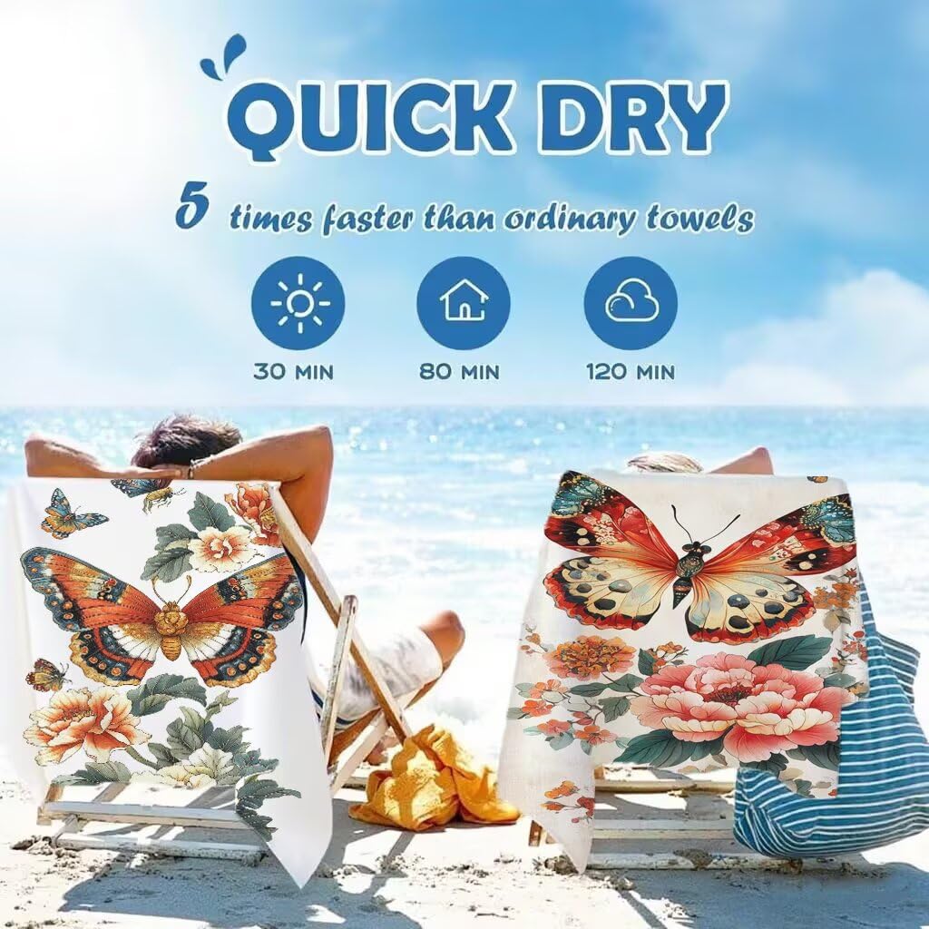 Ręcznik plażowy motyl duży 90 x 200 cm Zestaw 2 sztuk, kwiatowy ręcznik z mikrofibry chłonny szybkoschnący przeciw piaskowaniu prześcieradło plażowe z zapięciem na zatrzask do basenu, podróży, sauny