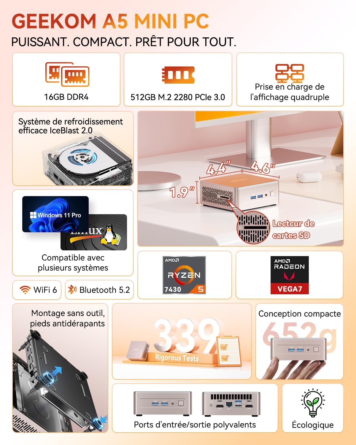 GEEKOM A5 Mini PC Nouveauté 2026 AMD Ryzen 5 7430U, 16Go RAM 512Go SSD (Évolutif), 2.5G LAN, Boîtier Métal, Mini Ordinateur NUC Silencieux, Lecteur SD, 4 écrans 8K, Windows 11 Pro pour Écoles/Bureaux