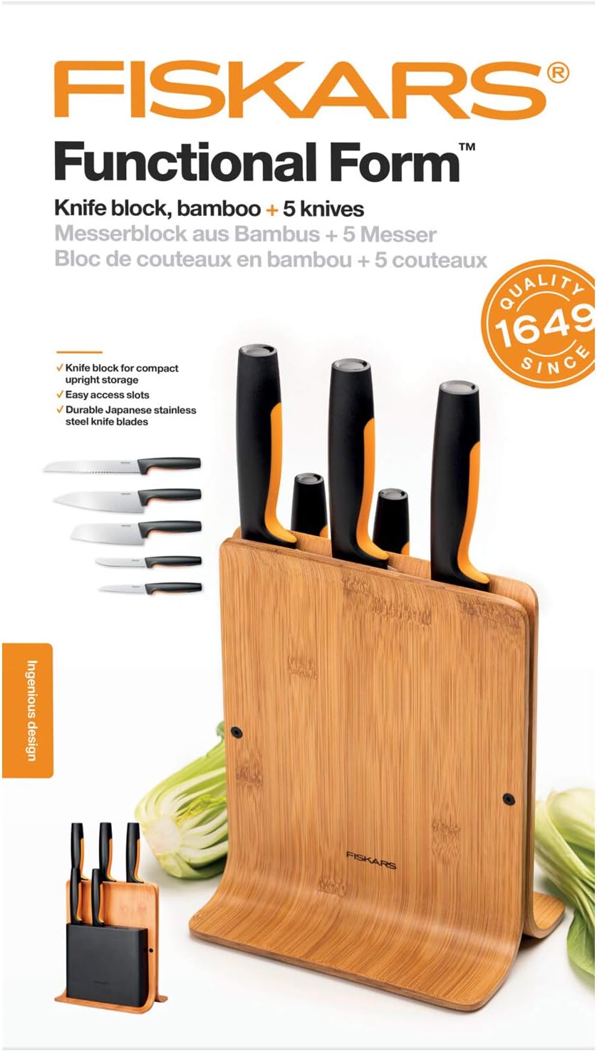 🔥 Flash Sale Fiskars Bamboo Design Knife Block with 5 Knives, Functional Form, Including Vegetable Knife, Tomato Knife, Santoku Chef's Knife, Chef's Knife and Bread Knife, Bamboo/Plastic, 1057552