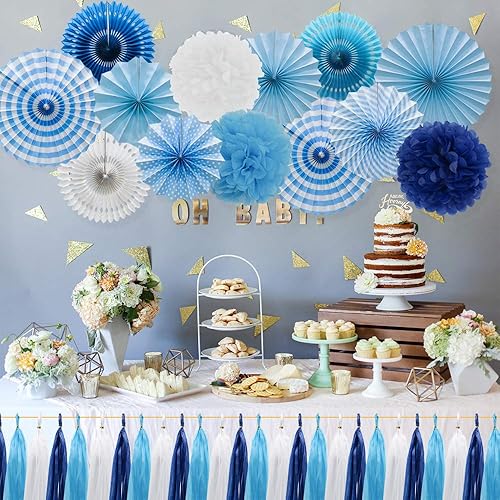 Miniatura 3 de Meiduo Decoración de fiesta azul abanicos de papel colgantes con pompones de flores, guirnalda de borlas de tejido para elefante, tiburón, tema de
