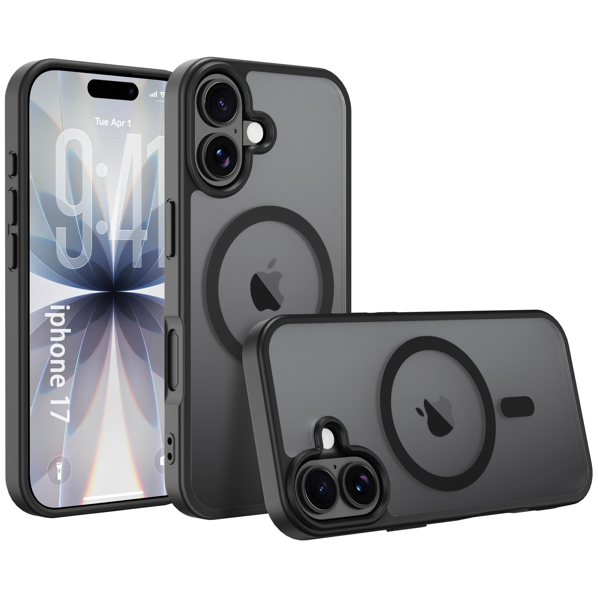 PinLiSheng iPhone 17 ケースMagSafe 対応 ワイヤレス充電 耐衝撃 マット半透明 TPU+PC カバー 米軍MIL規格 アイフォン17 衝撃吸収 ストラップホール付き 携帯スマホケース (ブラック, Iphone 17)