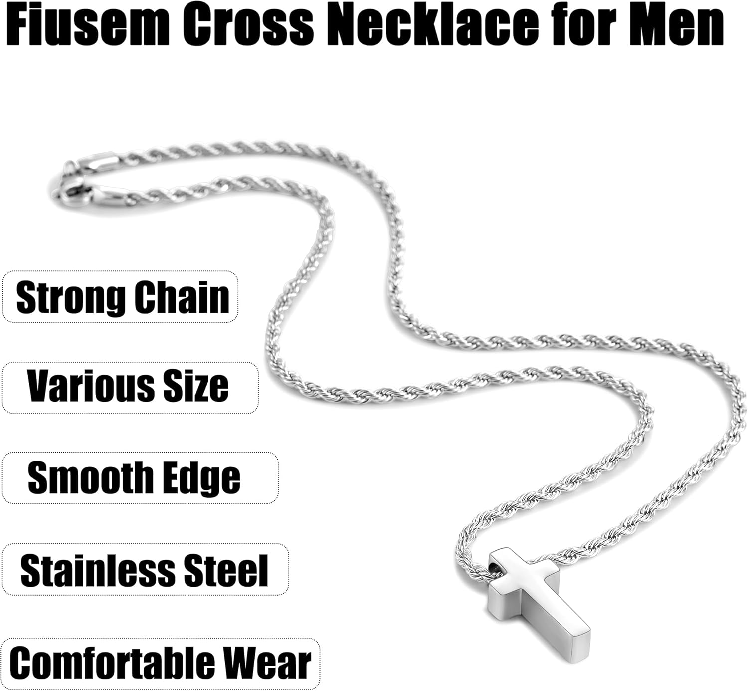 Fiusem Valentines Gifts for Him - Cross Necklace for Men, Mens Cross Necklaces with 2.5mm Rope Chain, Stainless Steel Pendant Chain 16-28 Inch, Jewelry Gift - Image 5