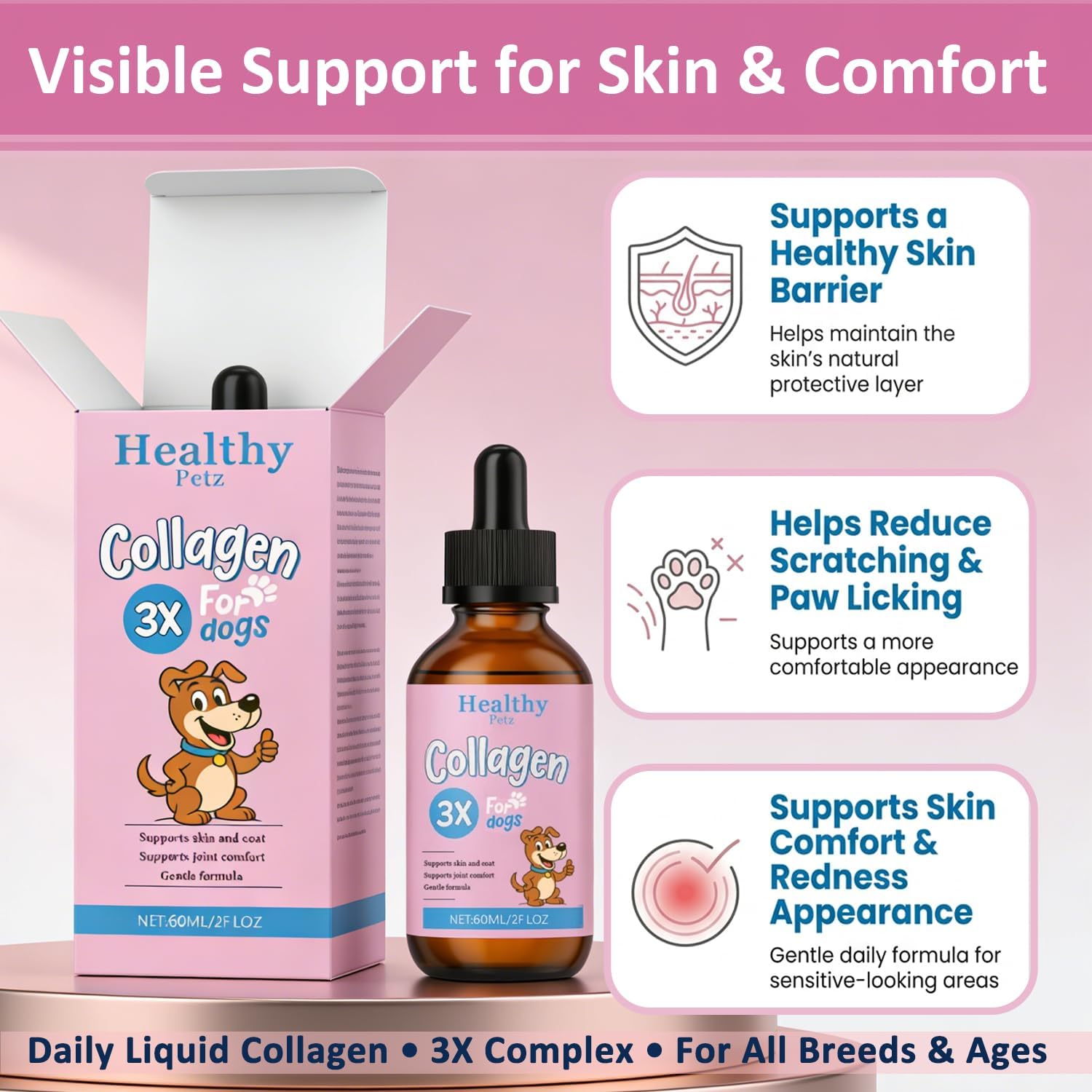 Liquid Collagen for Dogs, Daily Collagen for Dogs with ThreeCollagen Types & VC, Support Healthy Joint Supplement, Coat, Gut & Overall Vitality, 60ml/2FL OZ