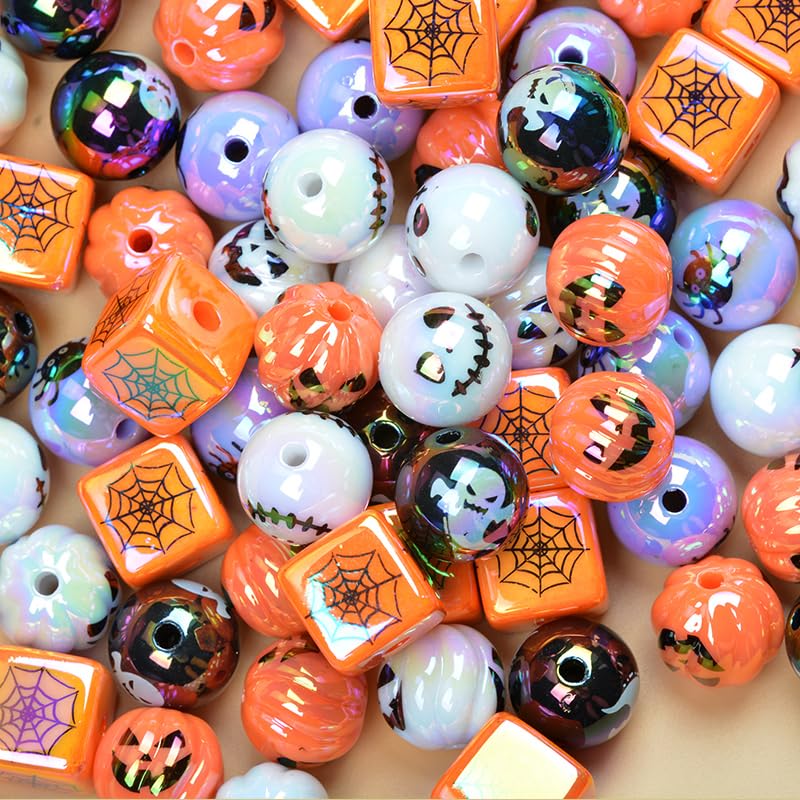 QIKAIDE 50Pcs Halloween Beads Bulk 16mm Acrylic Pumpkin Ghost Demon Beads Round Beads for DIY Jewelry Making (Halloween)