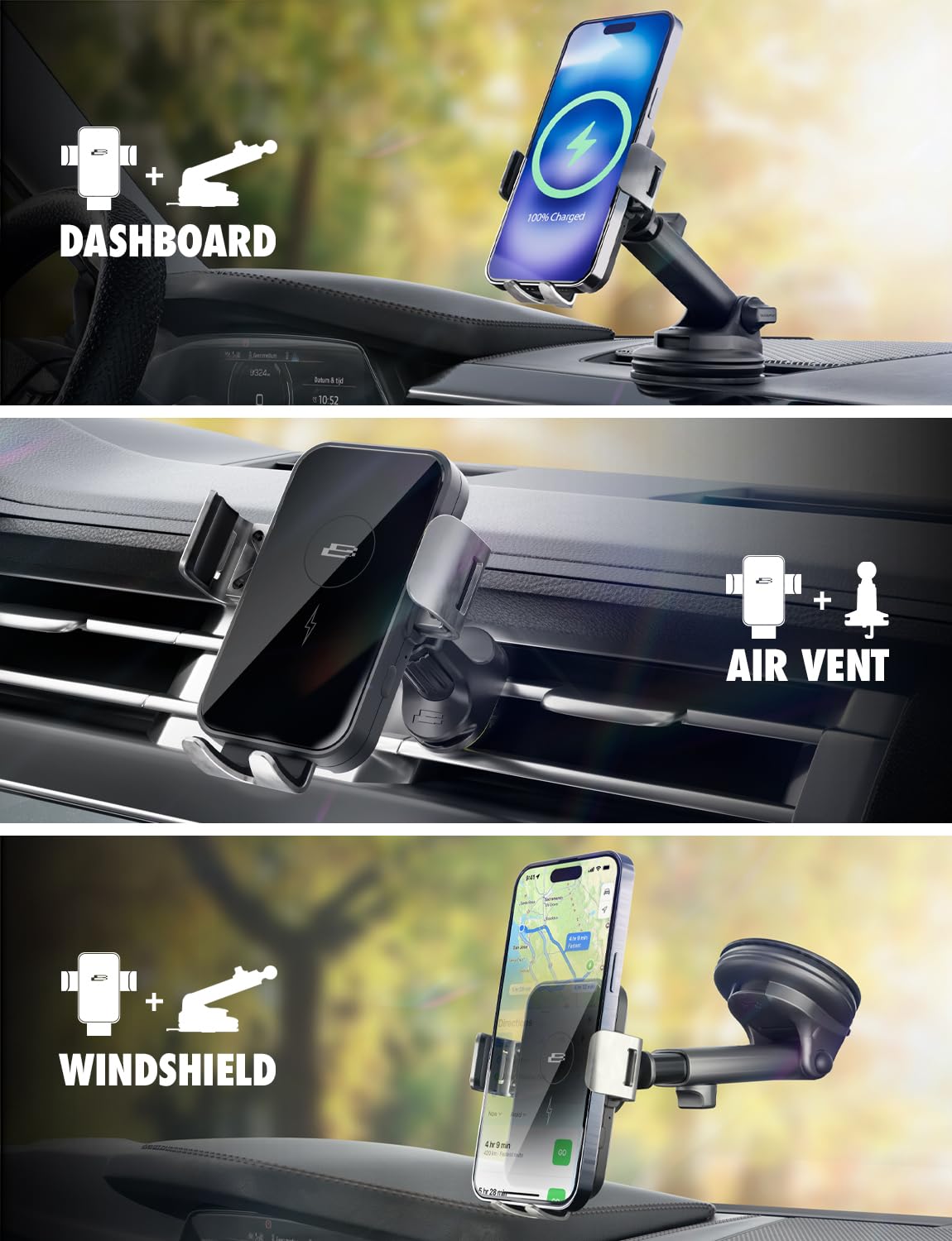 Bracketron PwrUp Auto - Soporte de Carga inalámbrica rápida Qi de 15 W para Coche, salpicadero, Rejilla de ventilación, Cargador de teléfono Celular