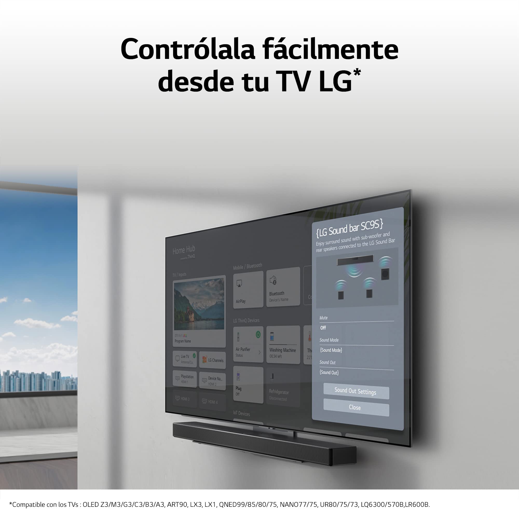 LG SC9S - Barra de Sonido Bluetooth 5.0, 3.1.3 Canales, 400 W, Subwoofer Inalámbrico, Dolby Atmos, DTS:X, IMAX Enhanced, Hi-Res Audio 24bit/96kHz, Color Gris Oscuro