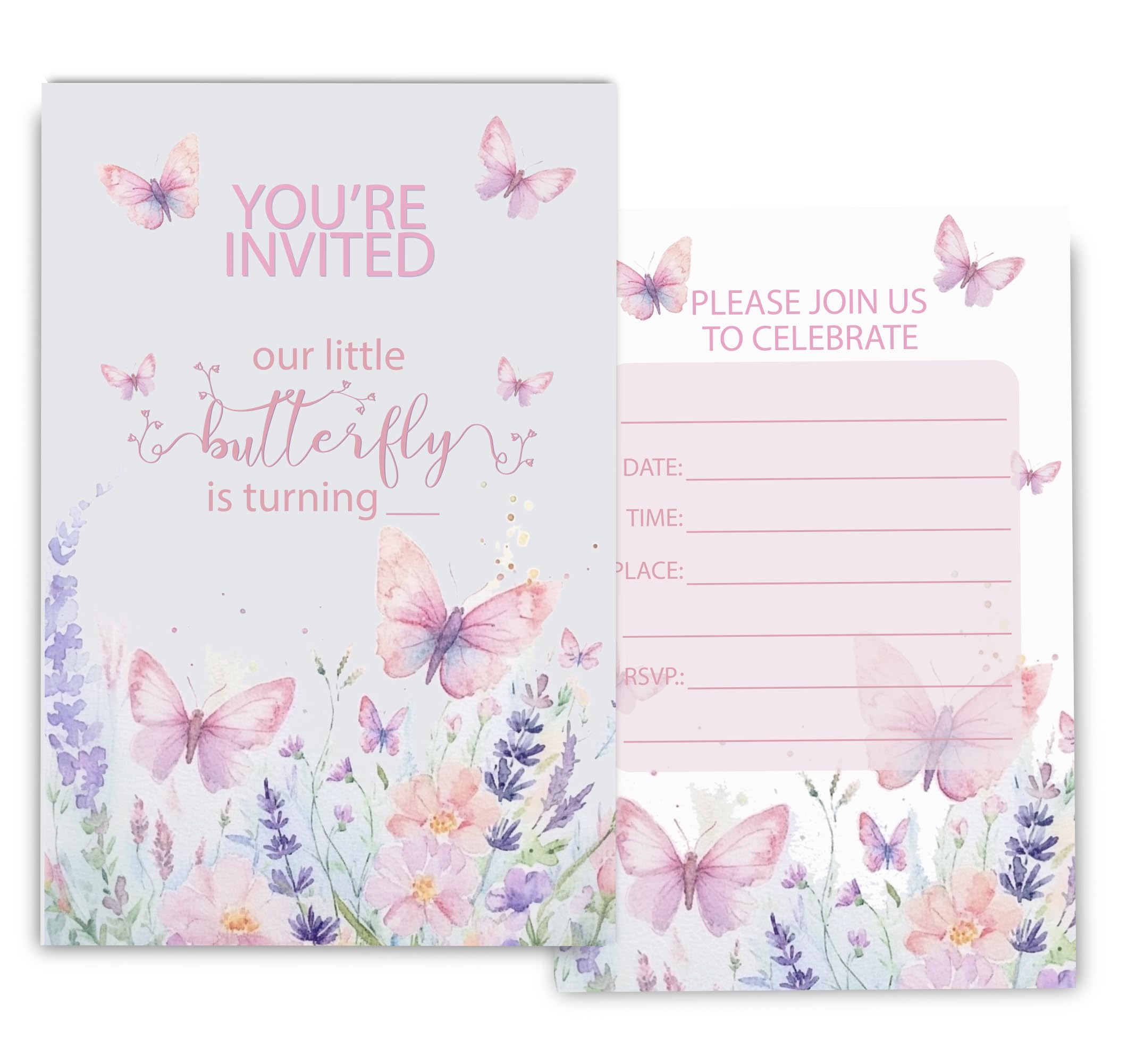 Butterfly First Birthday Invitations for Girls, 1st Floral One Little Butterfly Birthday Party Invitaions for Butterfly Party Invites, 4x6 Inches, 30