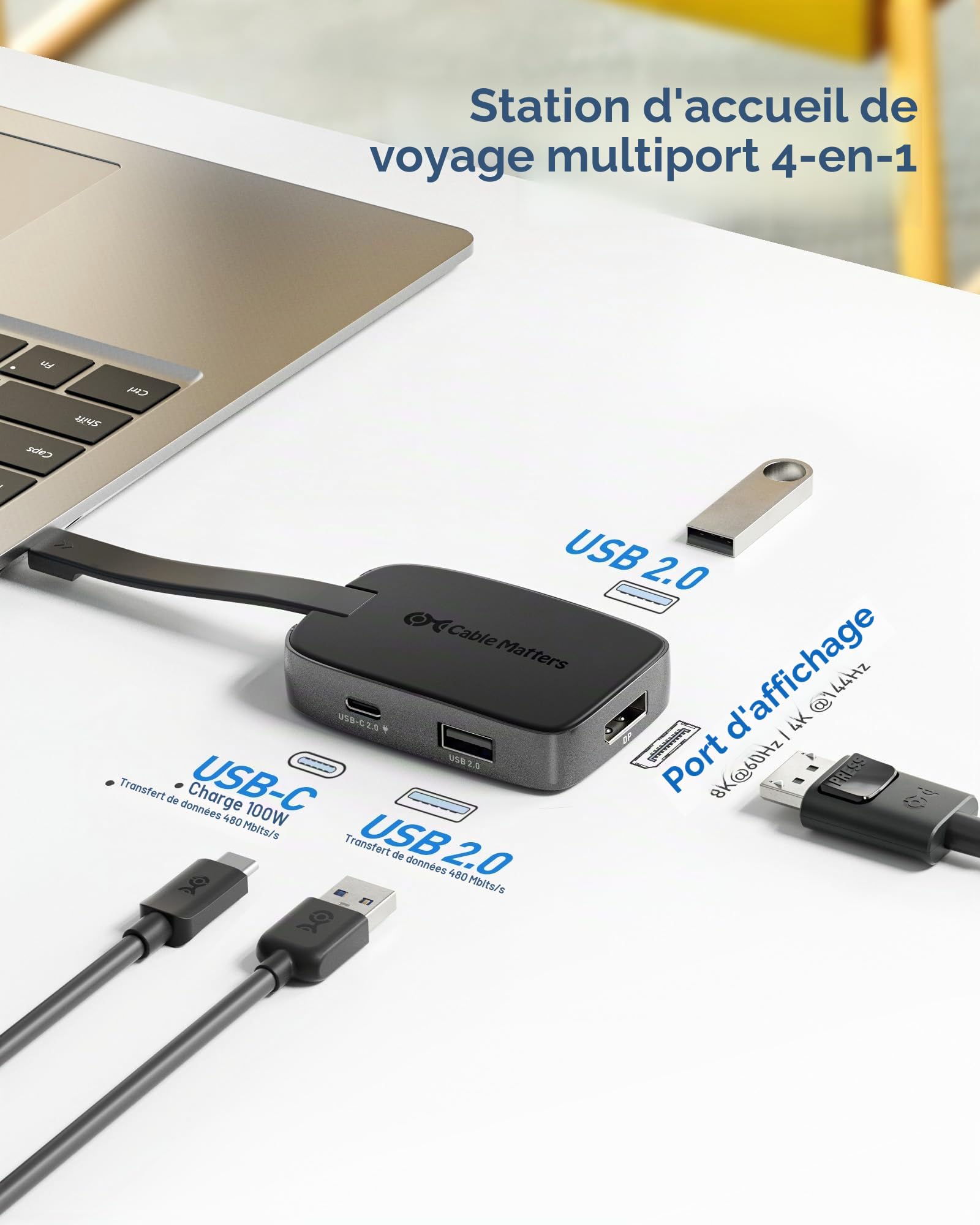 Cable Matters Pliable Hub USB-C DisplayPort 1.4 4K@240Hz 100W, Noir