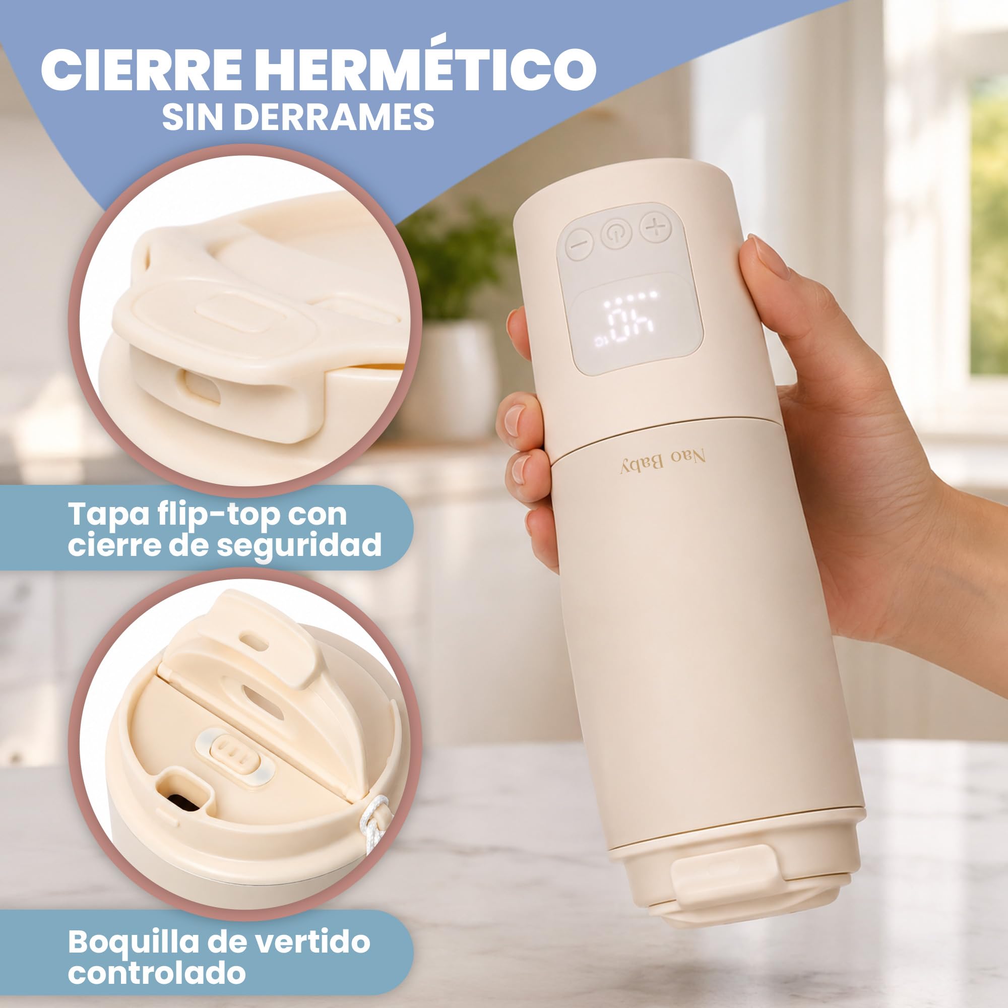 Calienta Biberones Portátil y Esterilizador Biberones 2 en 1 hasta 100ºC, Batería de Larga Duración, Anitderrame y Asa de Viaje | Calentador de Leche Portátil 350ml con Conservación 20h