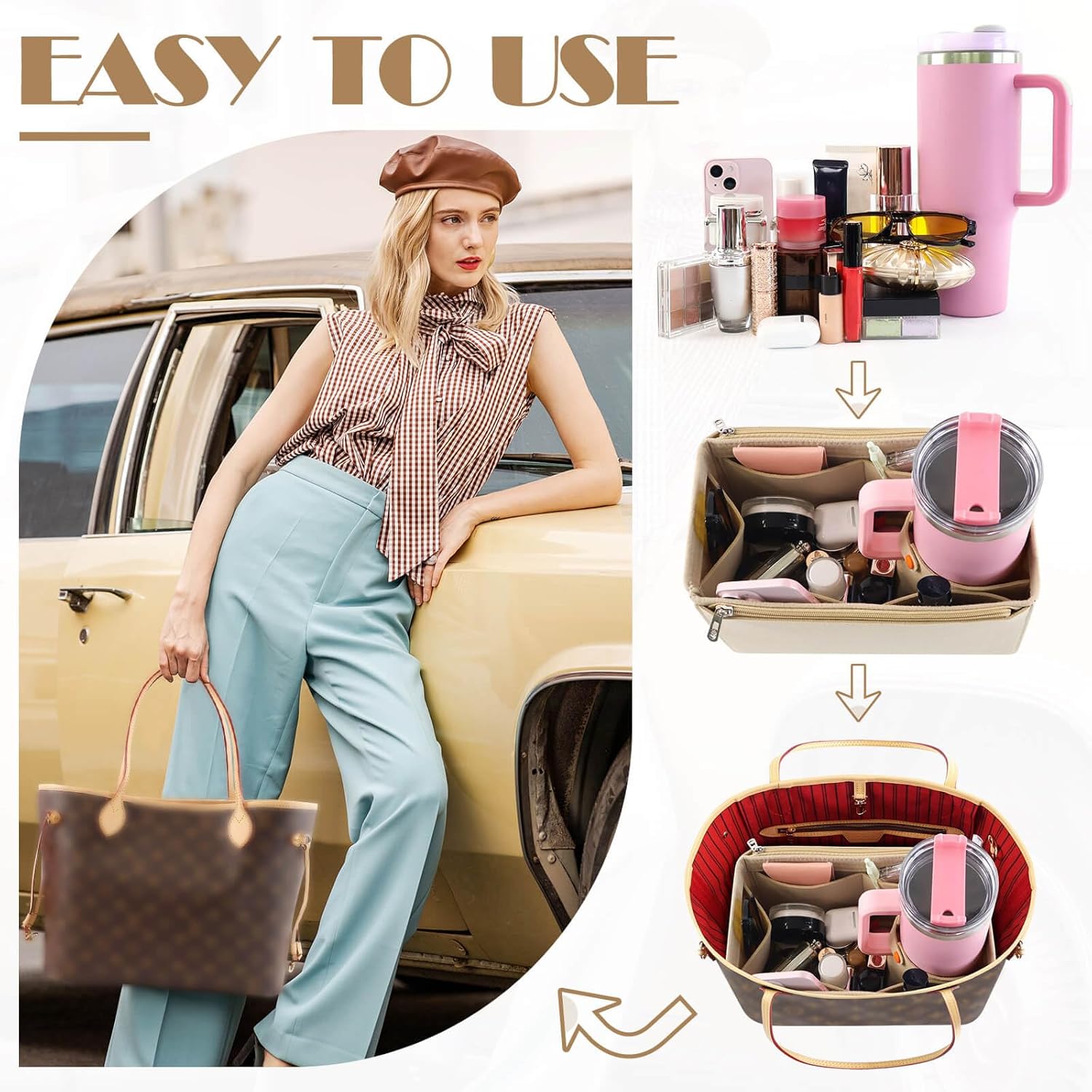 Tote Bag Purse Organizer Insert Pouches Fit for Neverful MM, Beige Handbag Organizer with Water Bottle Holder Compatible with Stanley Cup, Purse Accessories Must Haves Gifts for Women Large - Image 6