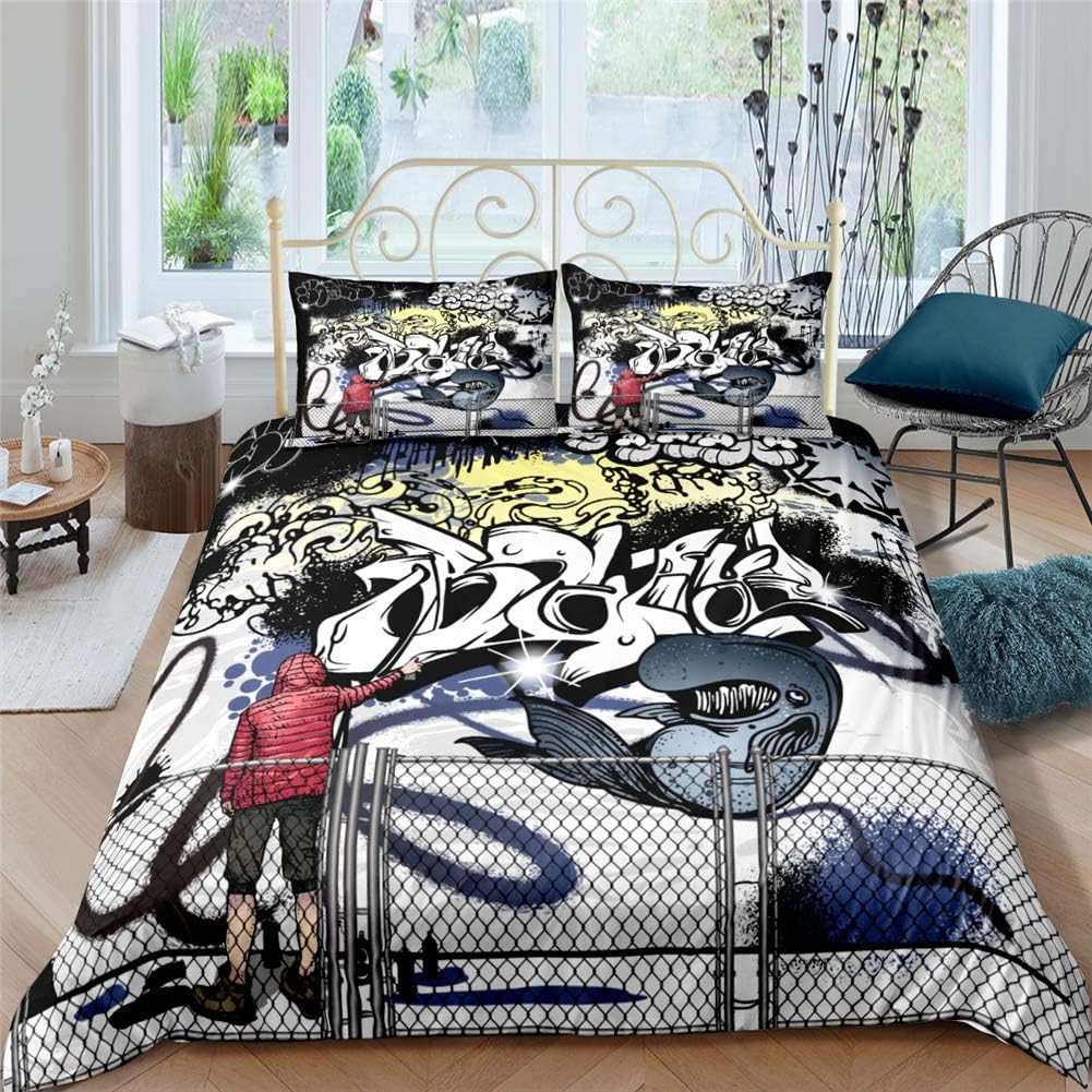 AYMAING Kinder Kids Conjunto De Funda NóRdica De Pared De Graffiti Sreet Art Design Juego De Cama Funda De EdredóN De Microfibra Suave Estilo Hiphop con 2 Fundas De Almohada 155x220 Cm 50x75 Cm