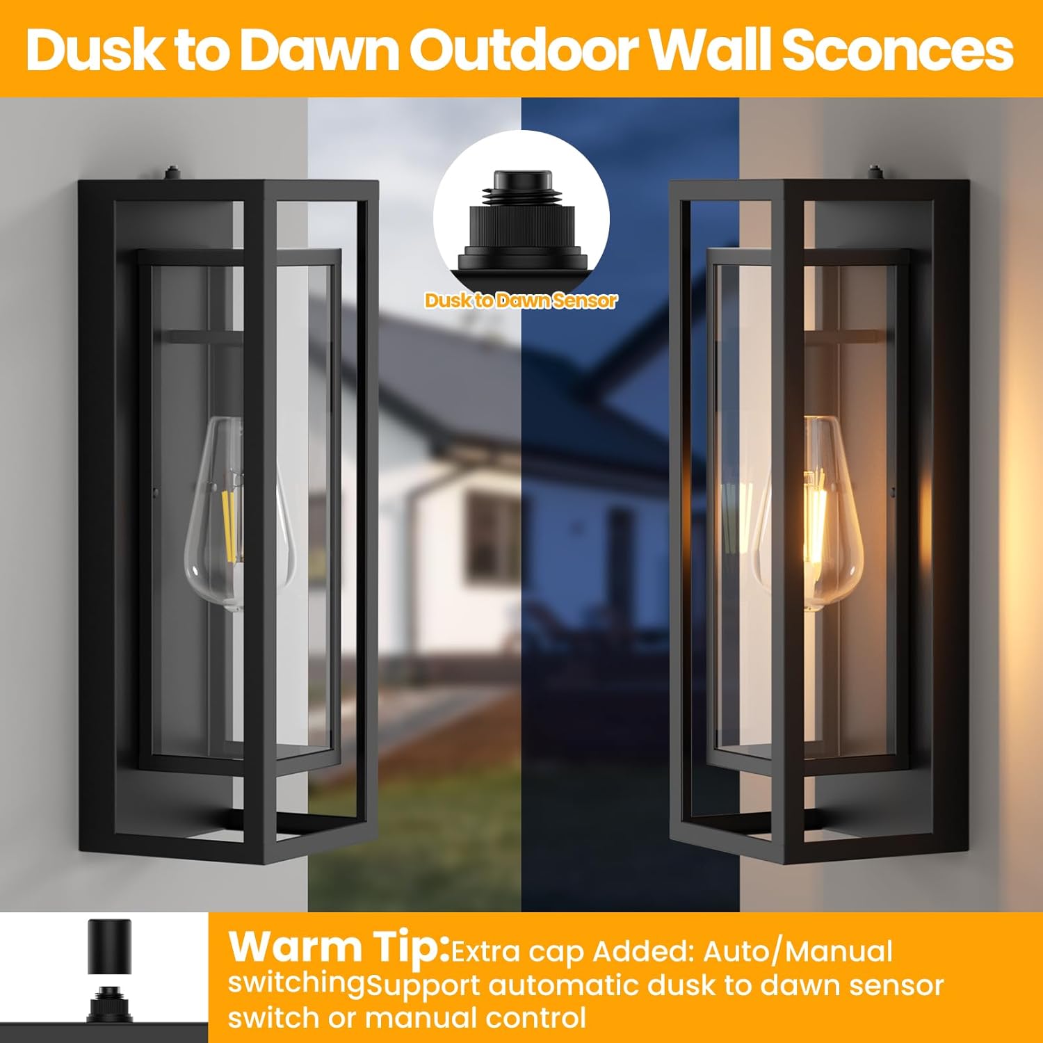 AIBISDO 18In Large Dusk to Dawn Outdoor Wall Light -2 Pack, Waterproof Outdoor Garage Lighting Fixtures with Clear Glass Shade, Auto On/Off Porch Light for Patio, Garage, Front Door（Black）