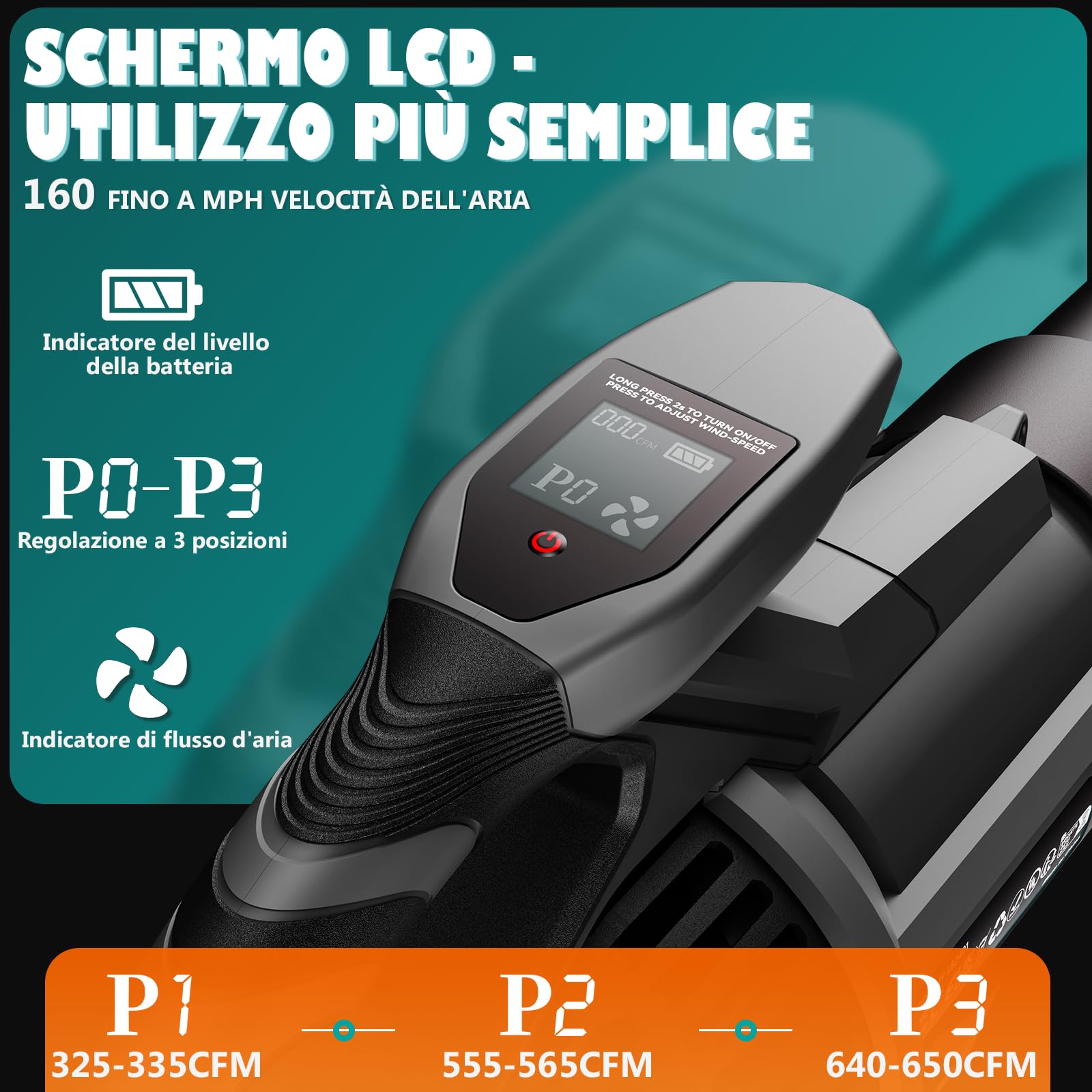 Olubfdh 21V Soffiatore a Batteria 255Km/h 1070m³/h, Max 38000RPM, 3 Velocità con 2 batterie 4000 mAh e caricabatterie Display LCD per Foglie Giardino, Trucioli Legno, Pulizia del Cortil (Grigio)