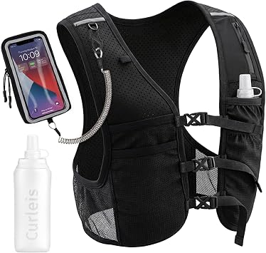 Running Vest with Touchscreen Phone Holder, 500ml/17oz Water Bottle Vest, Reflective Hydration Vest, 6 Pockets Zip Runners Vest Lightweight, Adjustable, Breathable, Unisex
