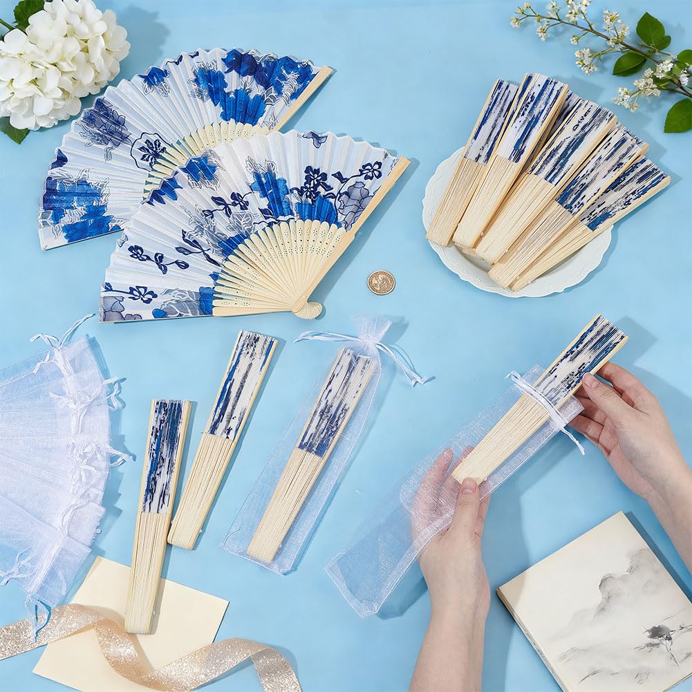 OLYCRAFT 18 Sets Weiße Chinoiserie Bedruckter Handfächer mit Organza Beutel Blaue Blume Porzellan Faltbarer Handfächer Retro Handfächer Handfächer Großpackung für Tanz Cosplay Hochzeitsfeier