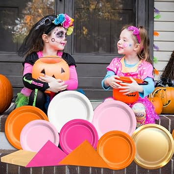 CMUSKO Pink and Orange Party Decorations - 60Pcs Sunset Tropical Plates and Napkins Pink Pumpkin Halloween Tableware for Birthday,Baby Shower, Bachelorette Party