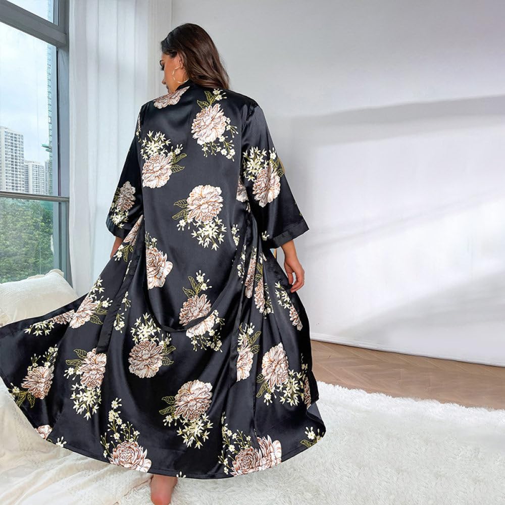 Damen Bademantel mit Blumenmuster Kimono Übergröße Satin Nachthemd Sexy Langer Morgenmantel Leichter Seidiger Bademantel mit V ausschnitt Loungewear für Damen