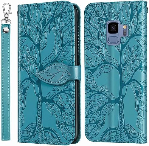 MEUPZZK Funda tipo cartera para Samsung Galaxy S9, piel sintética de alta calidad con diseño de árbol en relieve, función atril, ranuras para