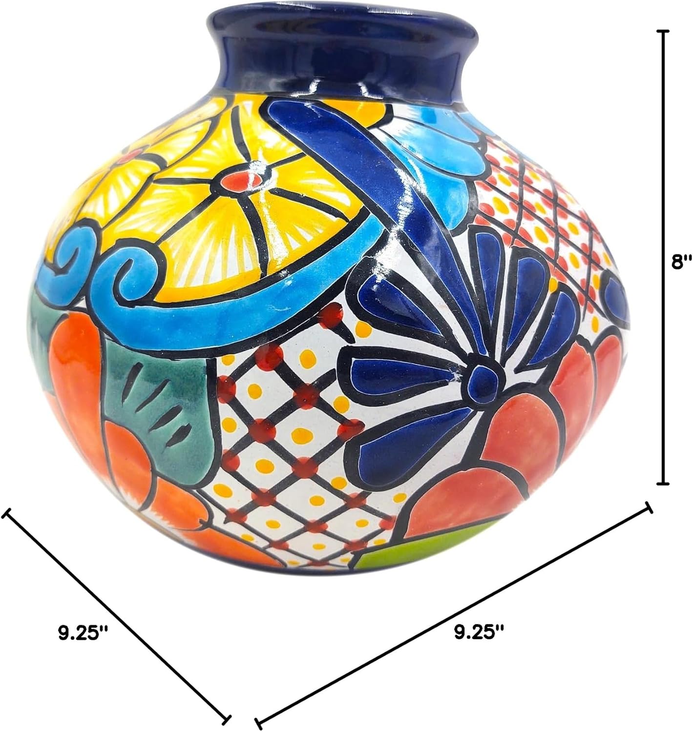 Talavera Florero Bola - Mexican Flower Vase (9.25" W x 9.25" L x 8" H) Hand Painted - DARK BLUE TRIM - Mexican Decor Florero