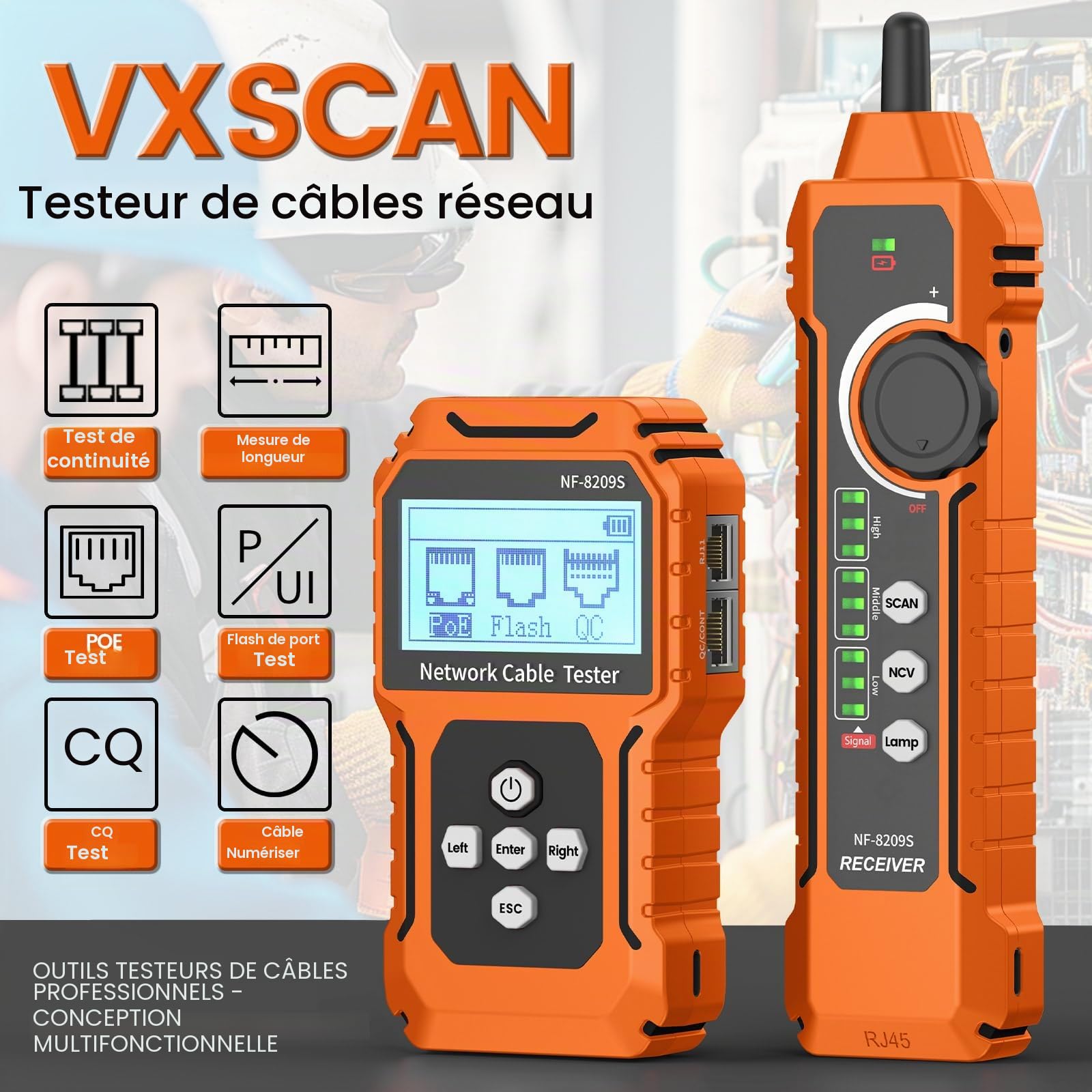 Testeur et traceur de câbles réseau RJ45, testeur de câbles Ethernet VXSCAN NF-8209S traceur de fils avec NCV et lampe pour CAT5 CAT6 CAT6a - Mesure de continuité/longueur/SCAN/Flash/QC/POE
