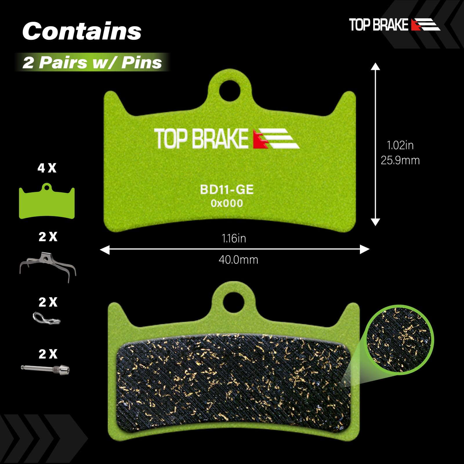 Klocki hamulcowe tarczowe TOP BRAKE kompatybilne z Hope Tech 3 V4 TR4 GR4 | Wykonany z grafenu, trwały, cichy i płynny | VAE, MTB, MTB, Downhill, Enduro Race | Zielony (2 pary)