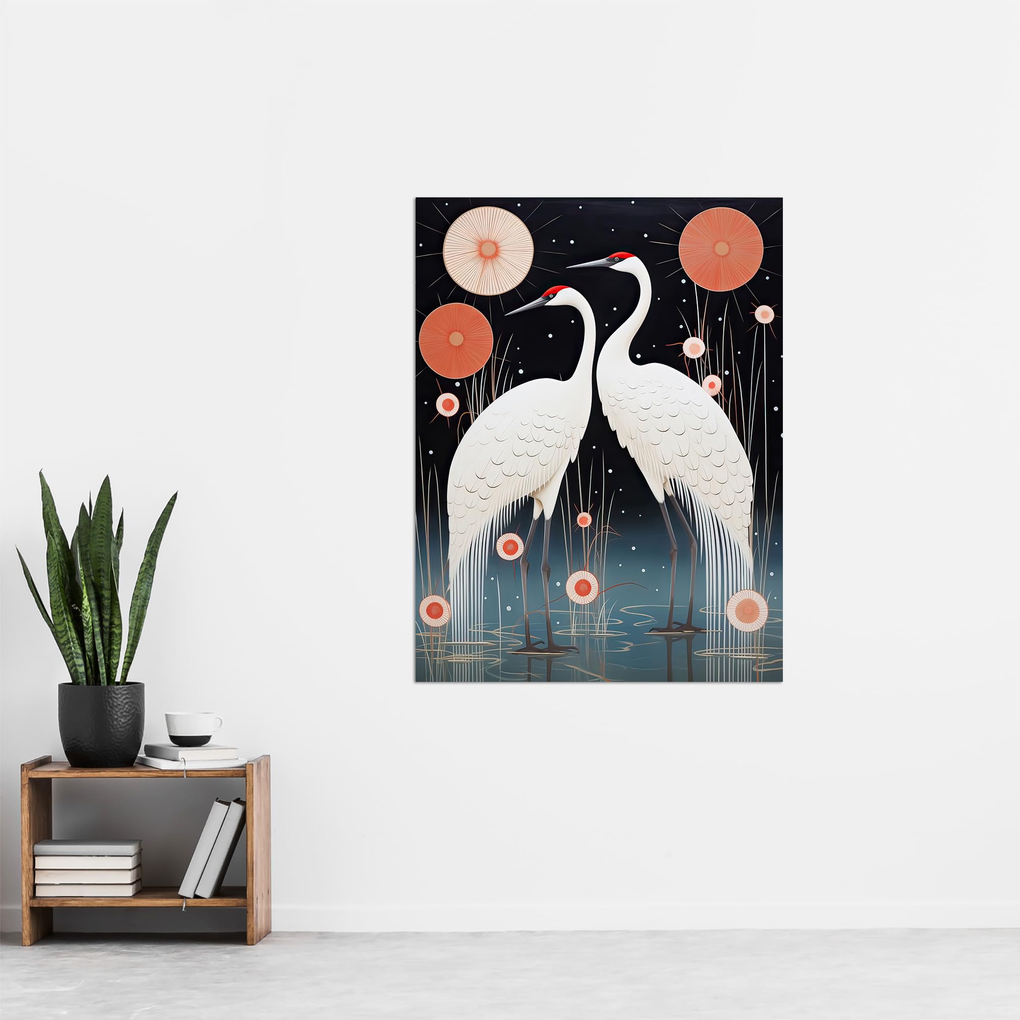 Artery8 Japanese Cranes Oil Painting Pink Blue White Birds and Abstract Flowers Surreal Lake Landscape at Night Extra Large XL Wall Art Poster Print - Image 4