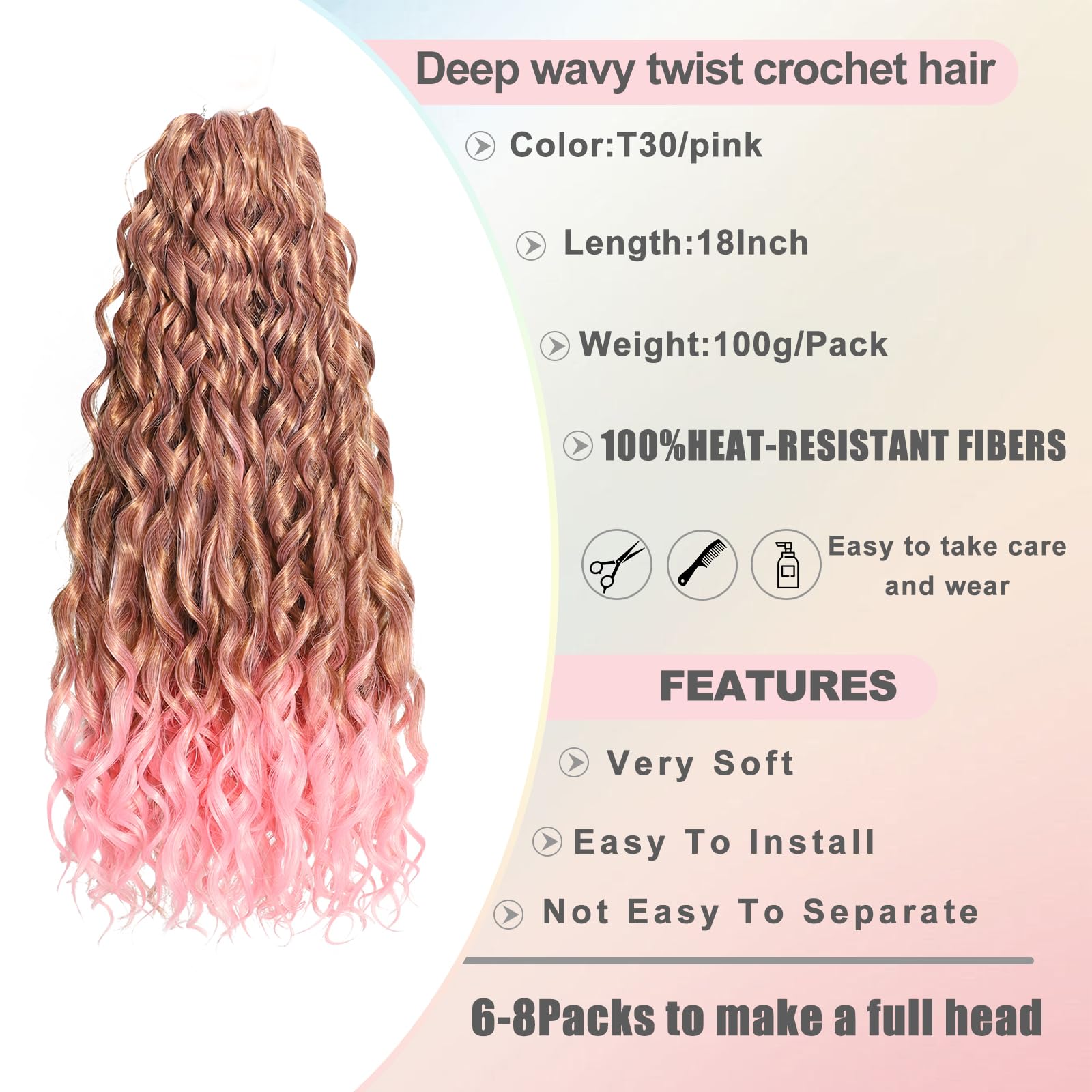 FANWYFYU 6Packs Deep Wavy Twist Crochet Braids Hair 18Inch French Curly Braiding Hair Pre-Looped Long Bohemian Crochet Hairs Water Wave Synthetic Curly Hair Extensions for Women and Girls (T30/pink) - Image 2