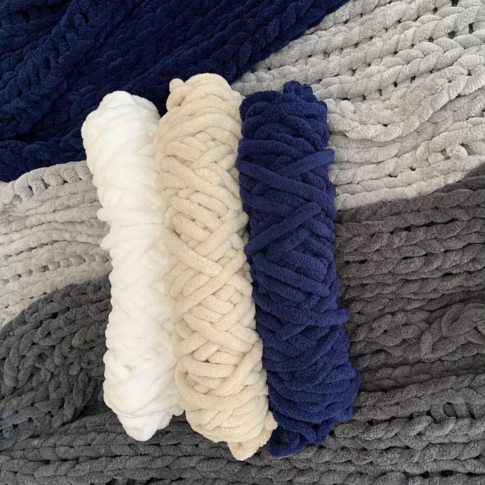 Chunky Chenille Blanket Yarn Super Soft Big Fluffy Bulky Yarn for Hand Knitting Knotless Non Shedding, Easy to Connect, 1.1Lb (Navy Blue)