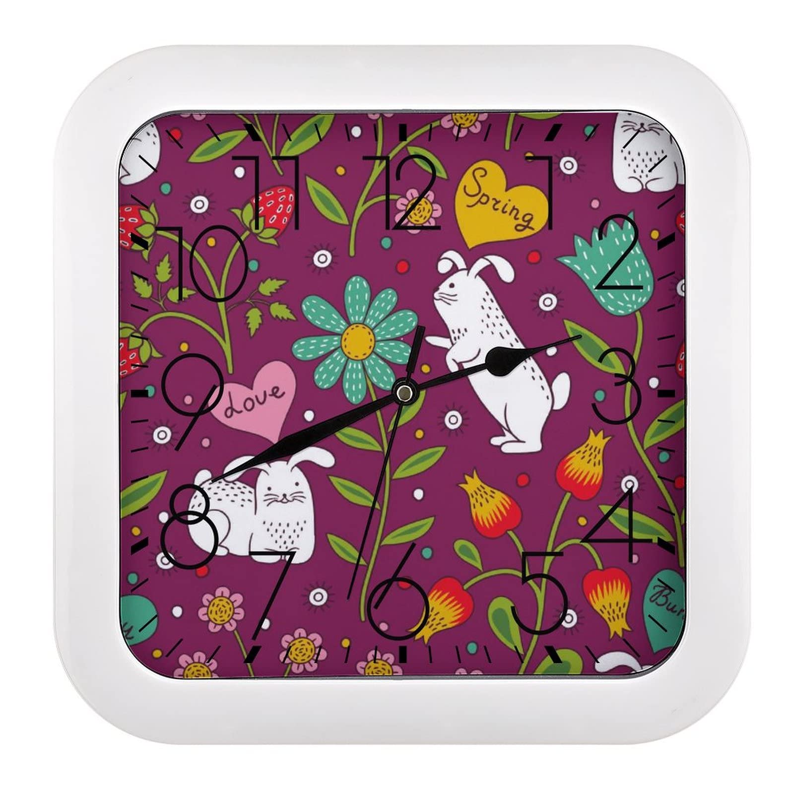 Horloge murale fleurs lapin 26x26cm grands chiffres déco salon chambre