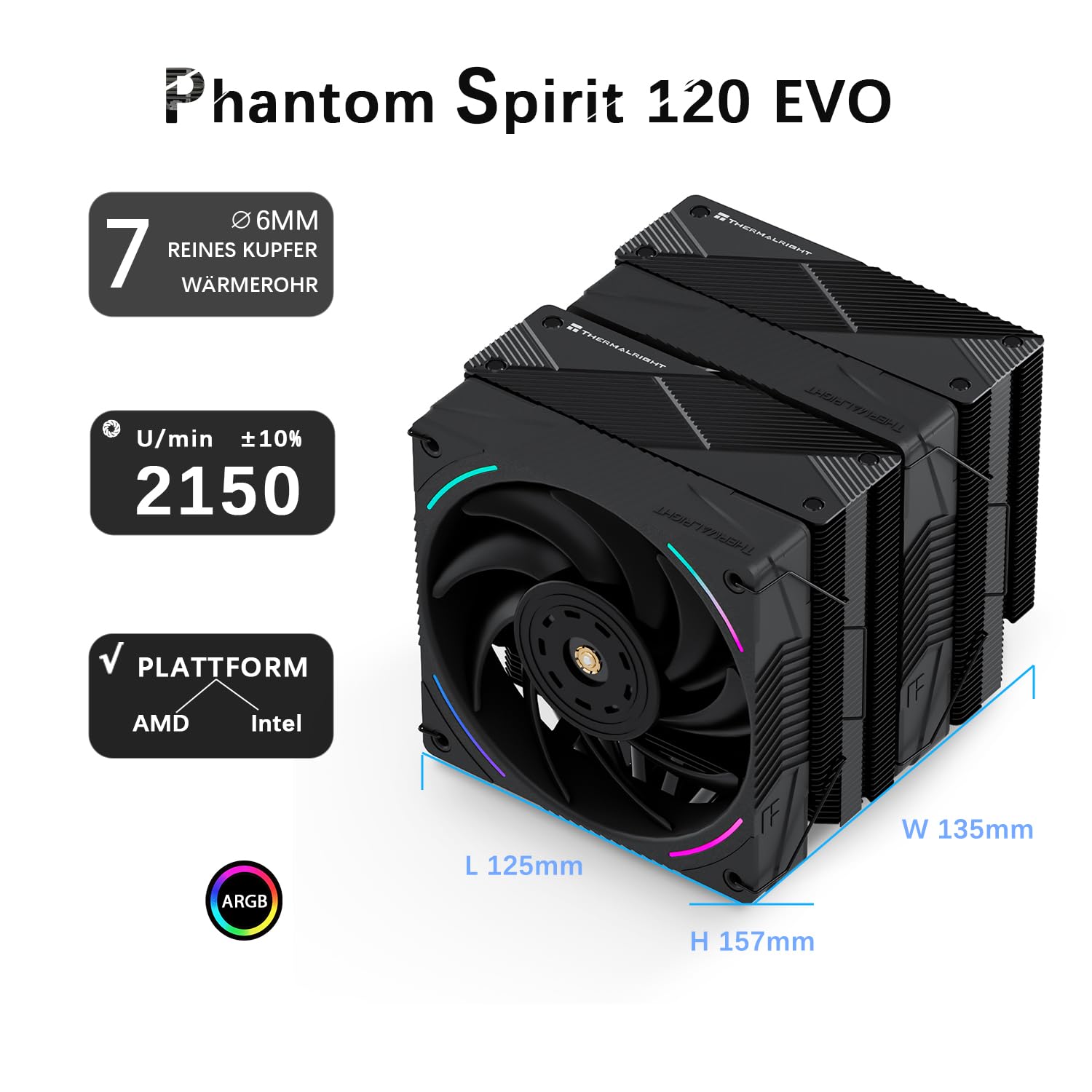 TR-Thermalright Phantom Spirit 120 EVO,Enfriador para CPU,Doble torre con 7 tubos de calor, Cubierta superior con acabado arenado,Doble ventilador PWM de 120mm a 2150RPM,Para AM5/AM4/ LGA1851/1700