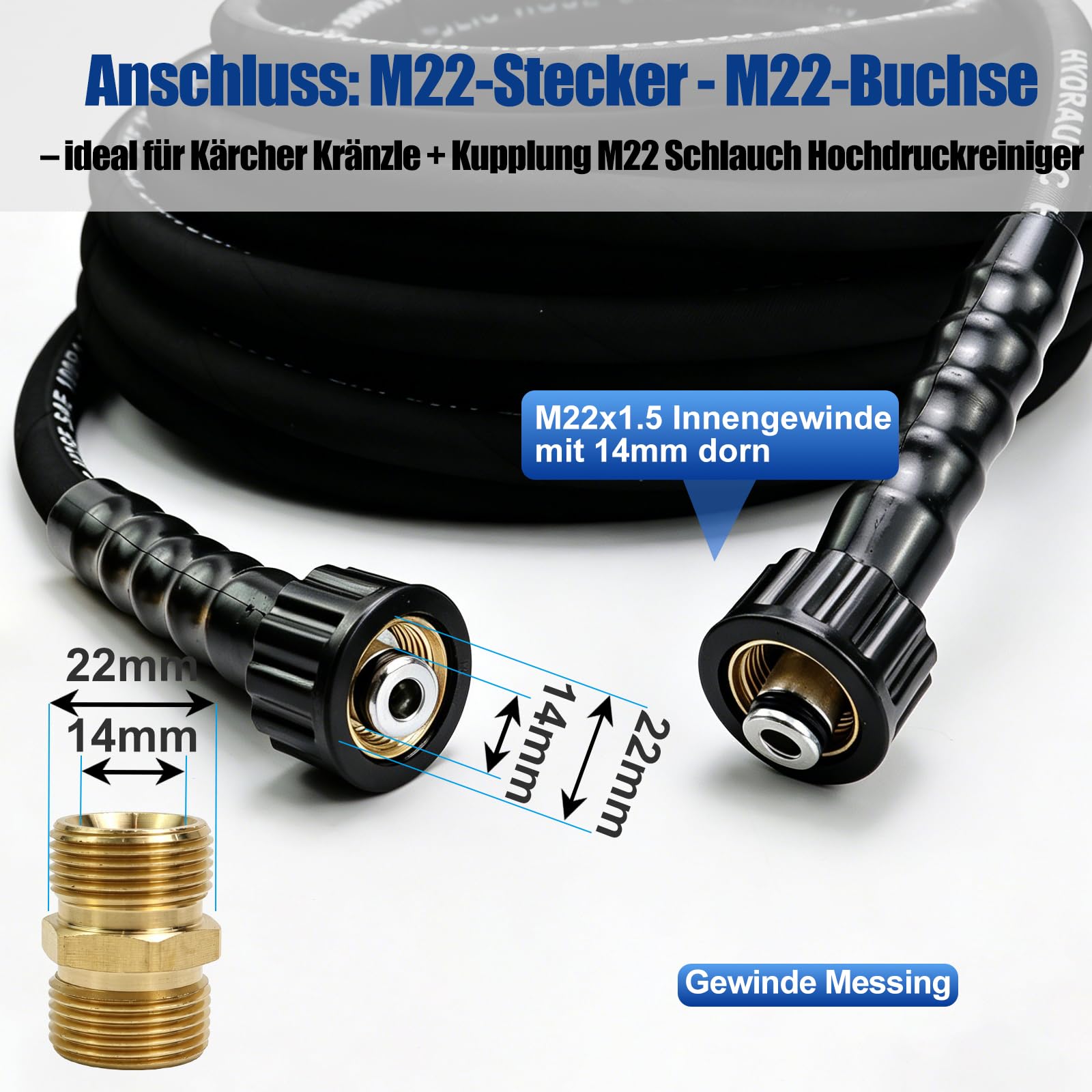 20 m Hochdruckreiniger Schlauch M22 x 1,5, 276 bar Hochdruckreiniger Verlängerungsschlauch, Gummischlauch mit Stahlgeflecht, knickfester Hochdruck-Ersatzschlauch mit M22x1,5 mm männlicher Verbinder