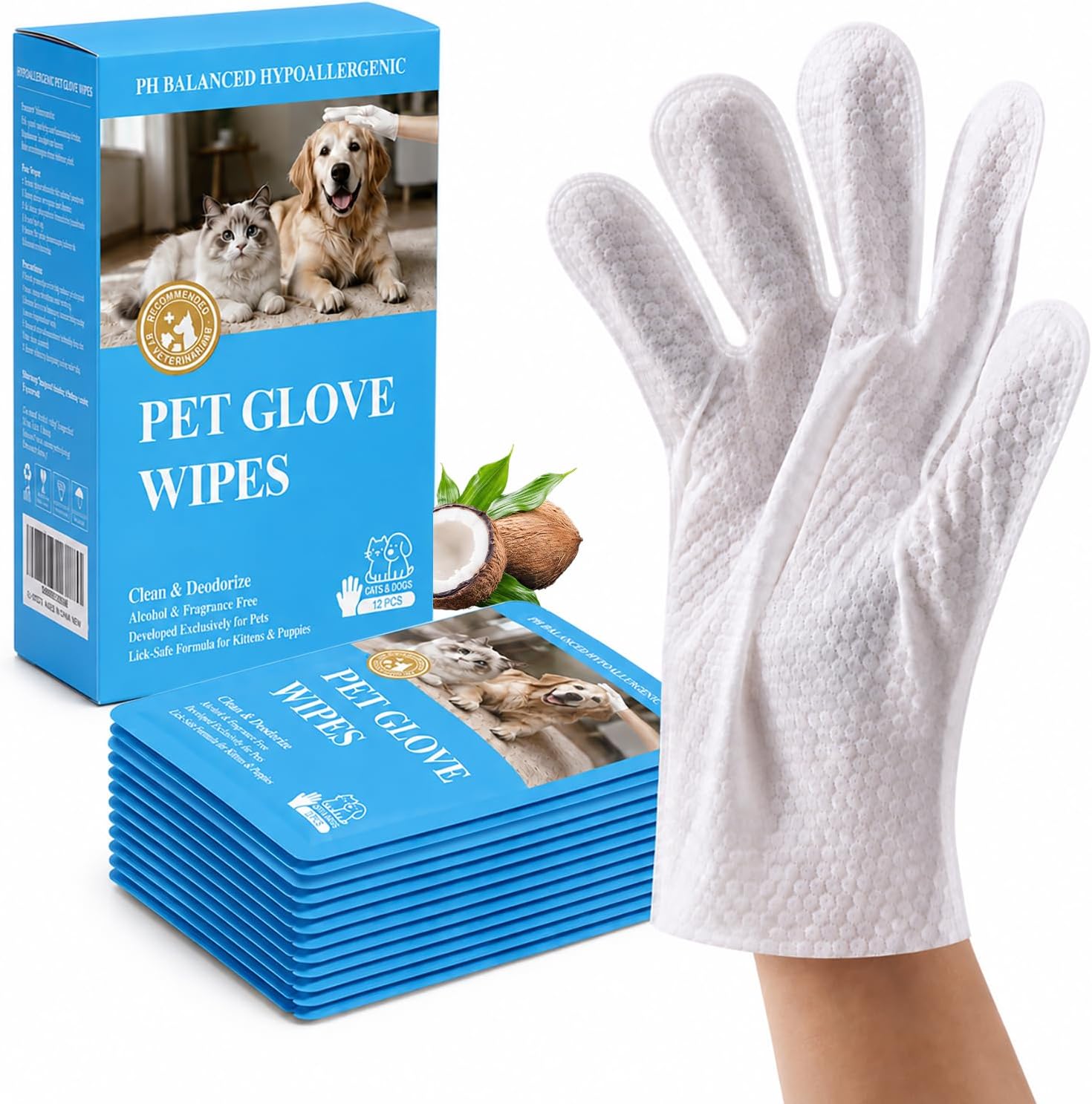 PET No‑Rinse Grooming Gloves, 12‑Count, Individually Wrapped, Hypoallergenic pH‑Balanced Pet Wash Mitts, Alcohol‑Free & Fragrance‑Free, Lick‑Safe for Sensitive Skin, for Cats & Dogs, Kittens & Puppies