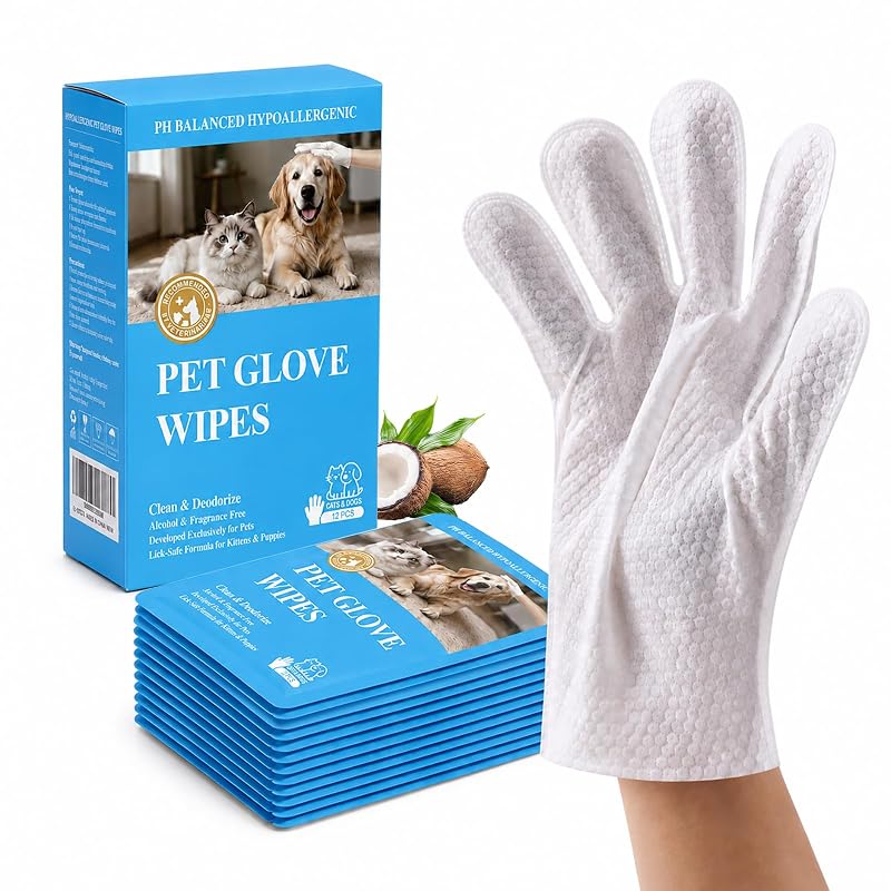 Luvas de Higiene sem Enxágue para Gatos e Cães FWMLEW, Fórmula sem Álcool e Fragrância, SJ-12PS, Pacote com 12