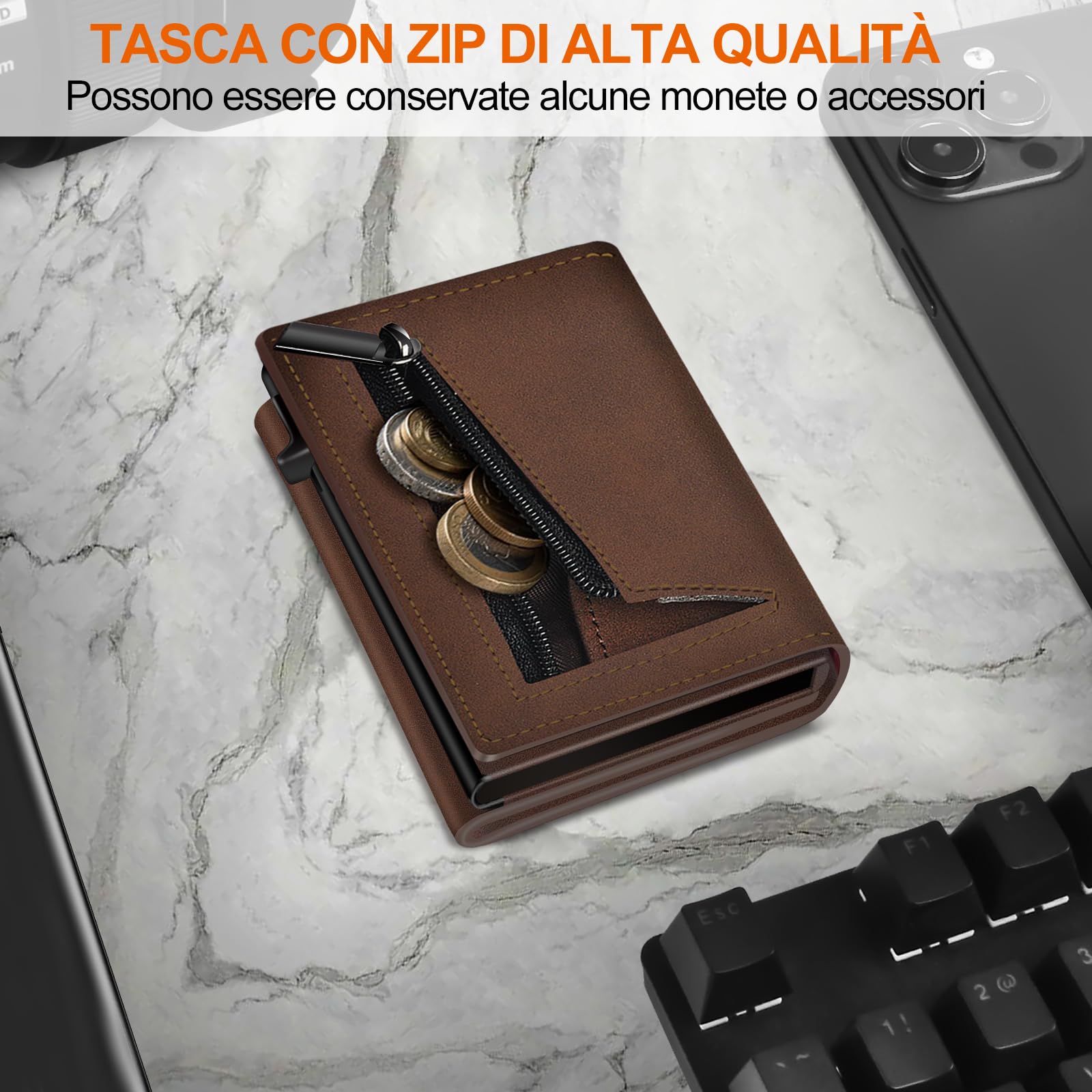 Portafoglio Uomo Slim, Porta Carte di Credito Uomo con Chiusura Magnetica e Tasca Portamonete, Portafoglio uomo Pelle, Portacarte Uomo Pop-up per 9-14 Carte | Finestra ID | Slot per Contanti Marrone