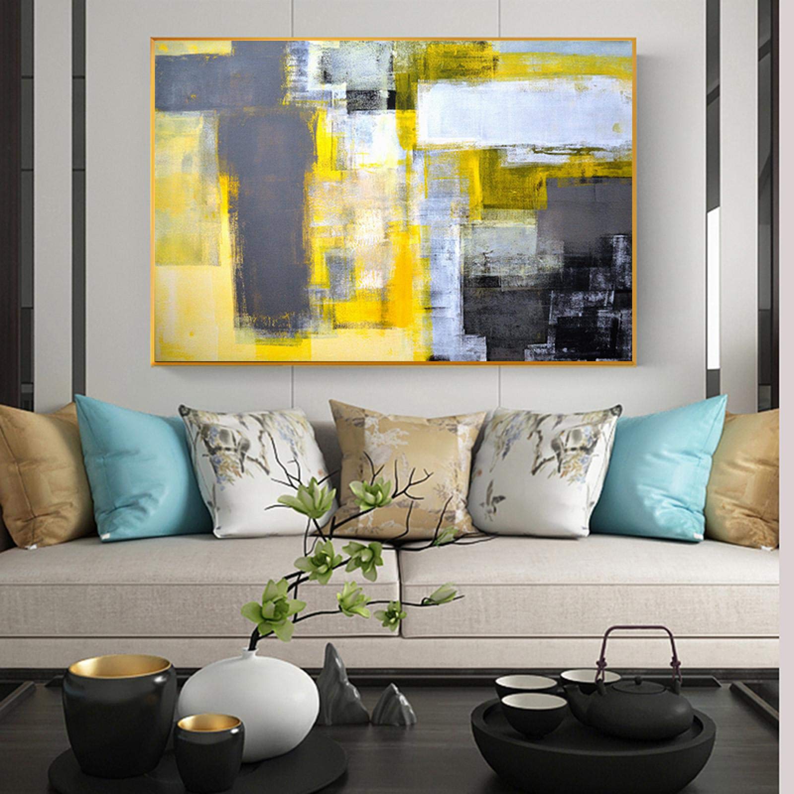 Cuadros abstractos de estilo moderno, pintura en lienzo amarillo, gris y blanco, imágenes artísticas de pared para decoración de sala de estar, 75x120cm (29,5x47,2 pulgadas) con marco
