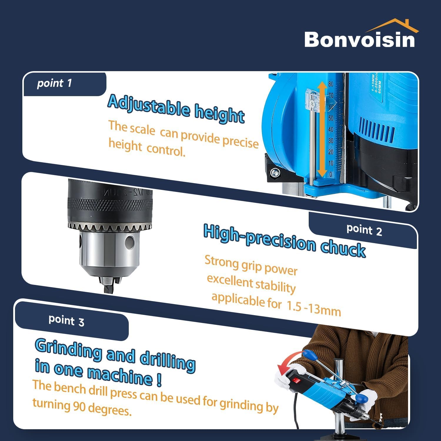 Bonvoisin Mini Tischbohrmaschine 1200W, 6 Variable Geschwindigkeiten, Max. 2800RPM, Bohrerdurchmesser 35mm, für Basteln/Heimwerken/Metallbearbeitung (EU)
