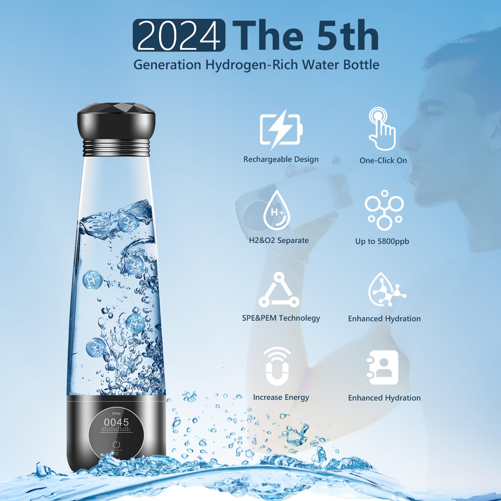 Dobaly 2024 Wasserstoff Wasserflasche 5th Generation H6 Pro 5500ppb in 10 Min Hydrogen Water Bottle Wasserstoff Generator Flasche mit SPE PEM Technologie Wiederaufladbar Tragbar