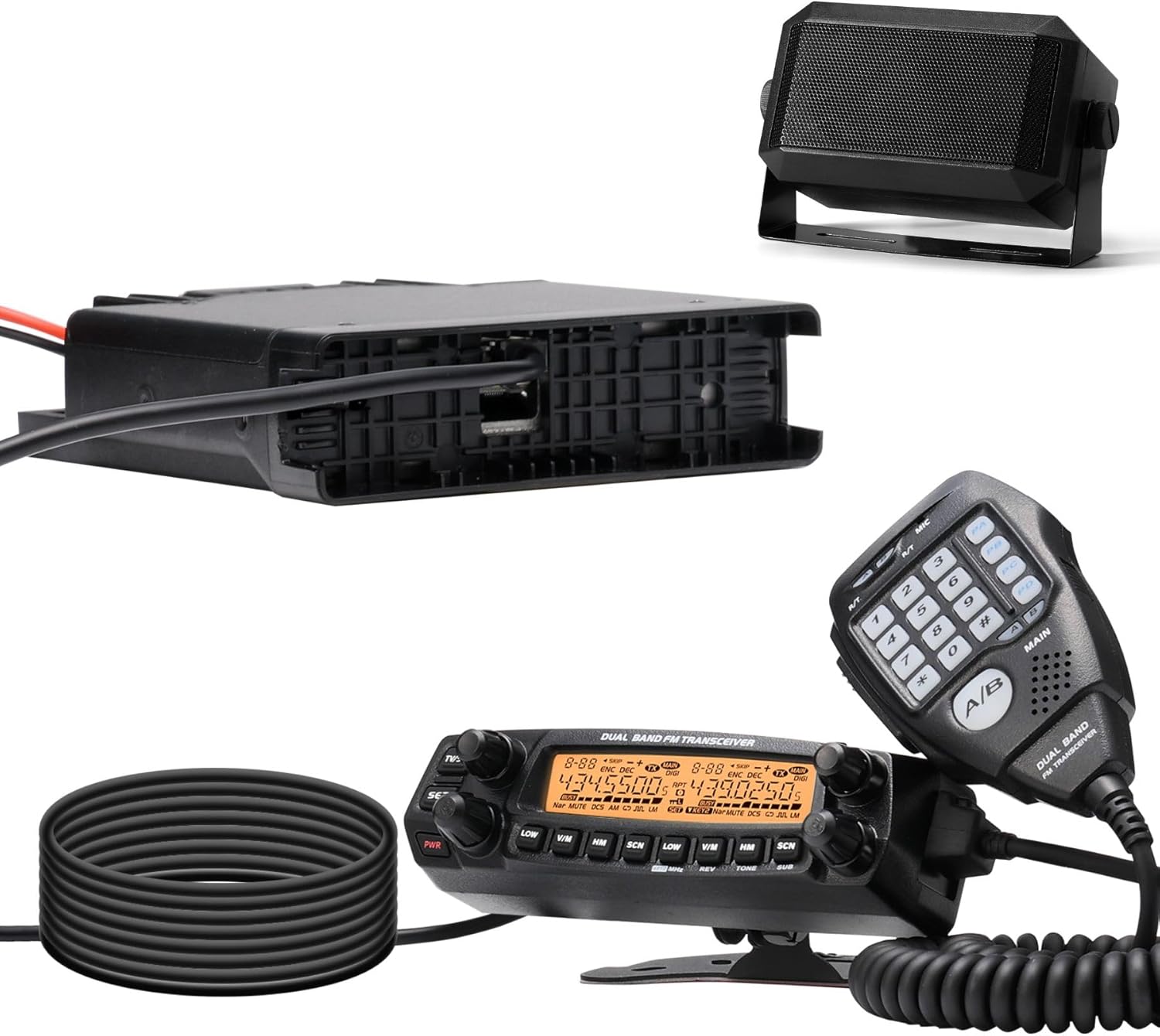 Radioddity DB50 Mobile Radio Transceiver with microphone, speaker, and power cable