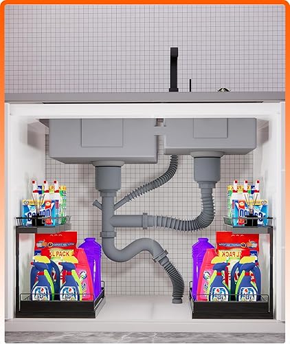 Miniatura 7 de Organizador para debajo del fregadero, 2 niveles deslizantes para almacenamiento debajo del gabinete, acero al carbono de carga pesada para