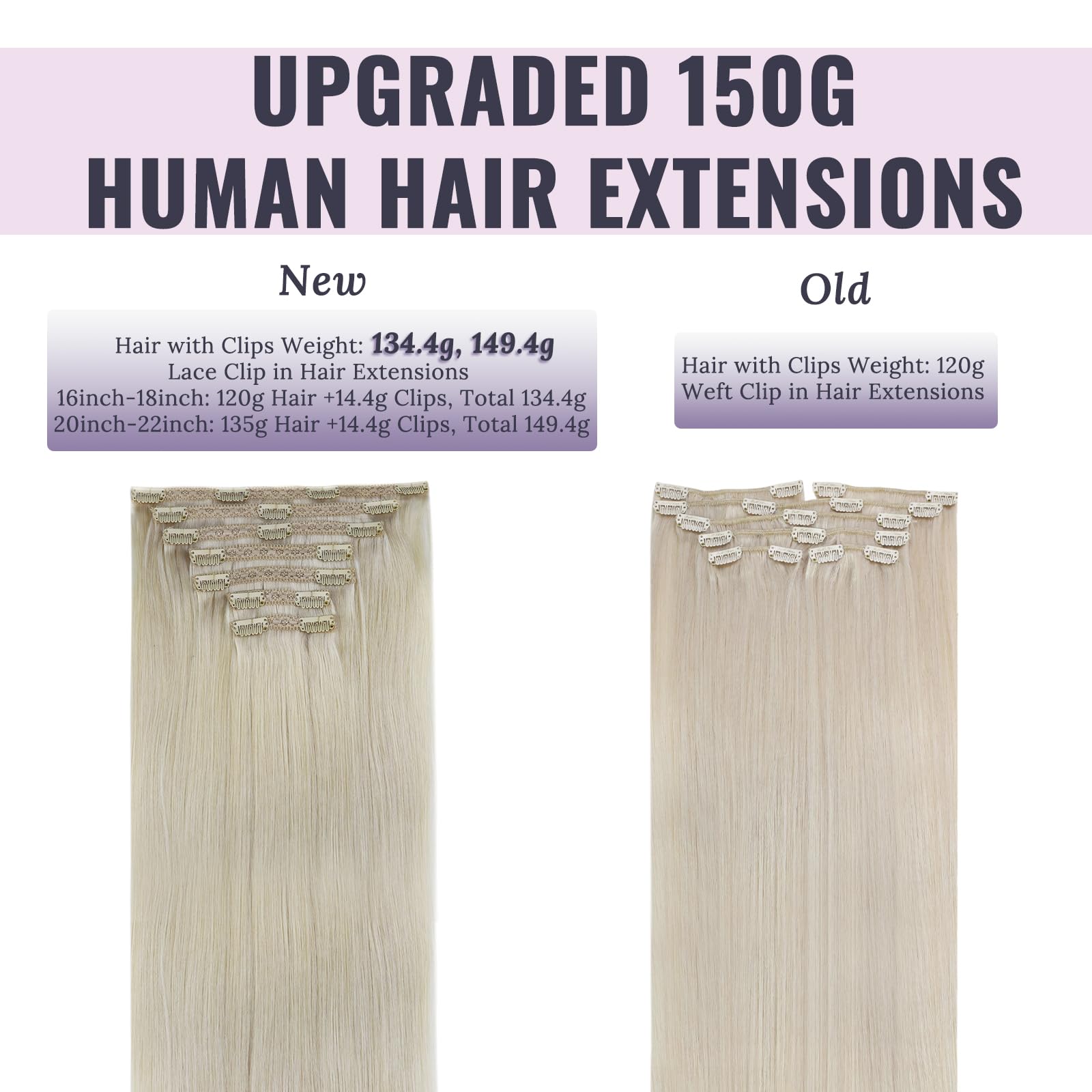 Fshine Platinum Blonde Human Hair Extensions Thick Double Weft Clip in Real Hair 135g 18 Inch 7Pcs, 1.clip#60, 18 inch-135g - Image 3