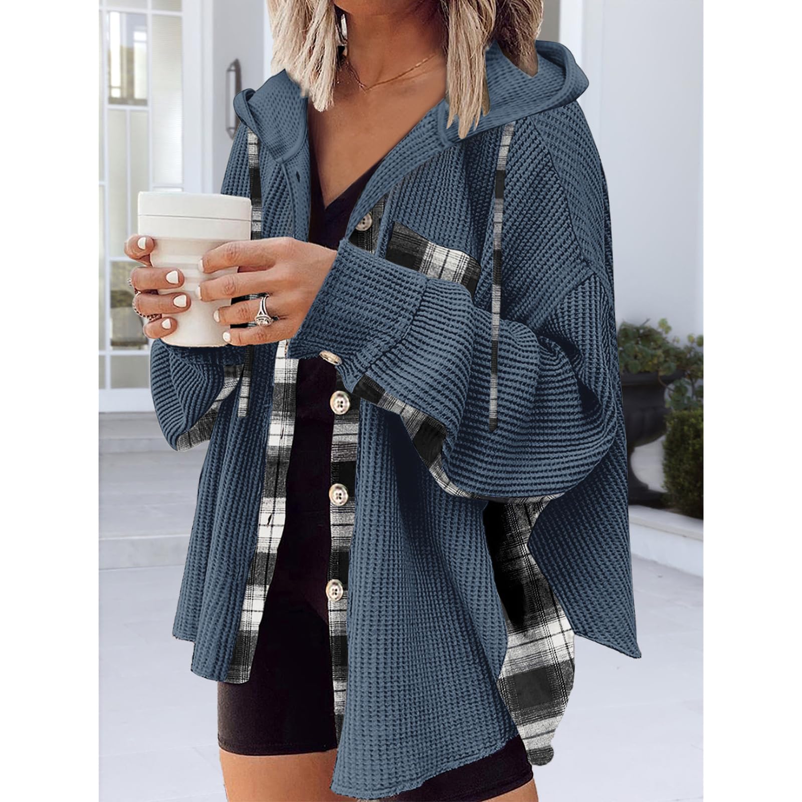 YNIQUE Chemise à Carreaux Femme Chemise Longues Classique Blouses Boutonnées Col en V Hoodie Manche Longue Automne Hiver Top Blouse Chic et élégant