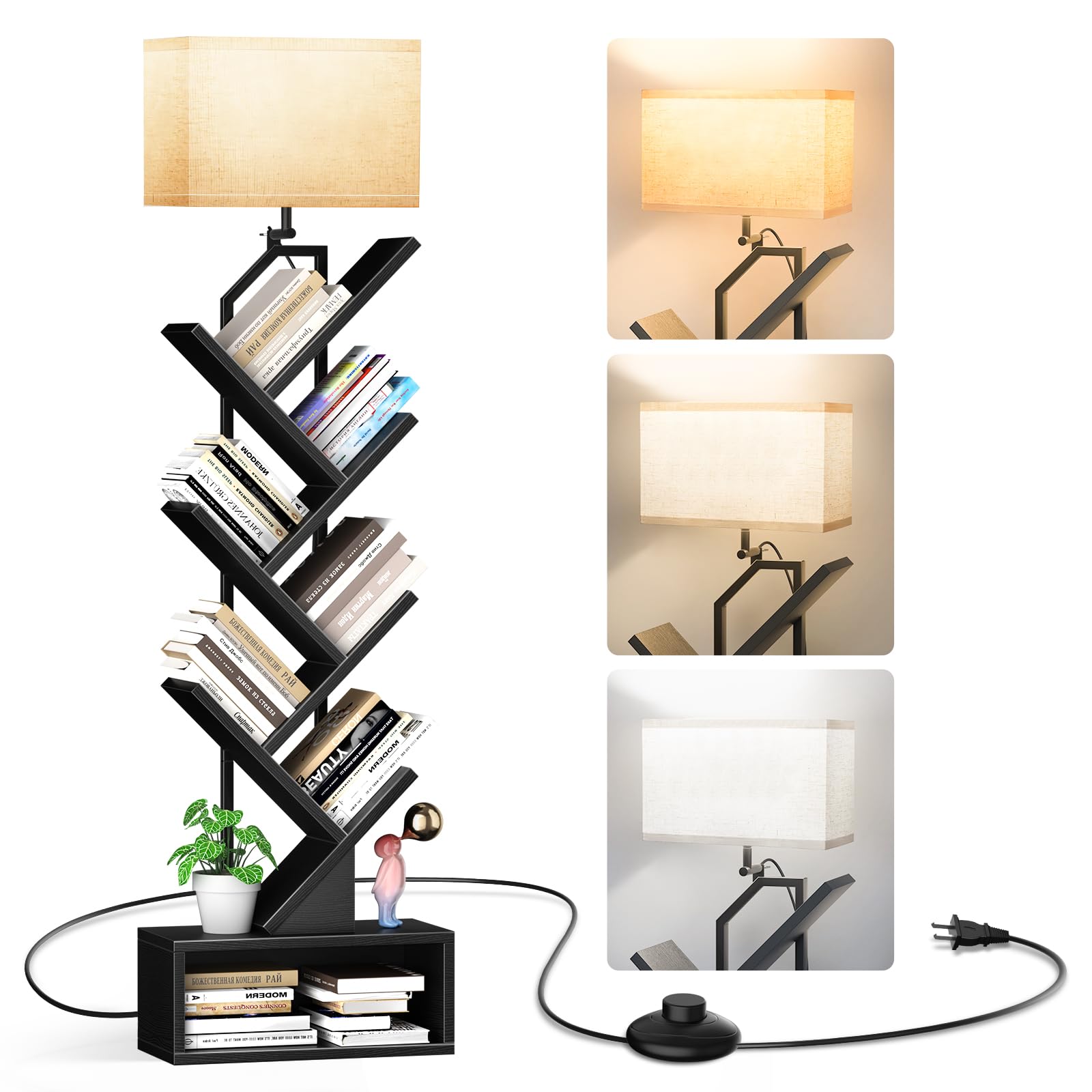 addlon 6-Tier Tree Book Shelf with LED Light, Steel&Wood Bookshelf with Storage Cabinet, Narrow Tall Bookcase with 3CCT Bulb, Small Bookshelf for