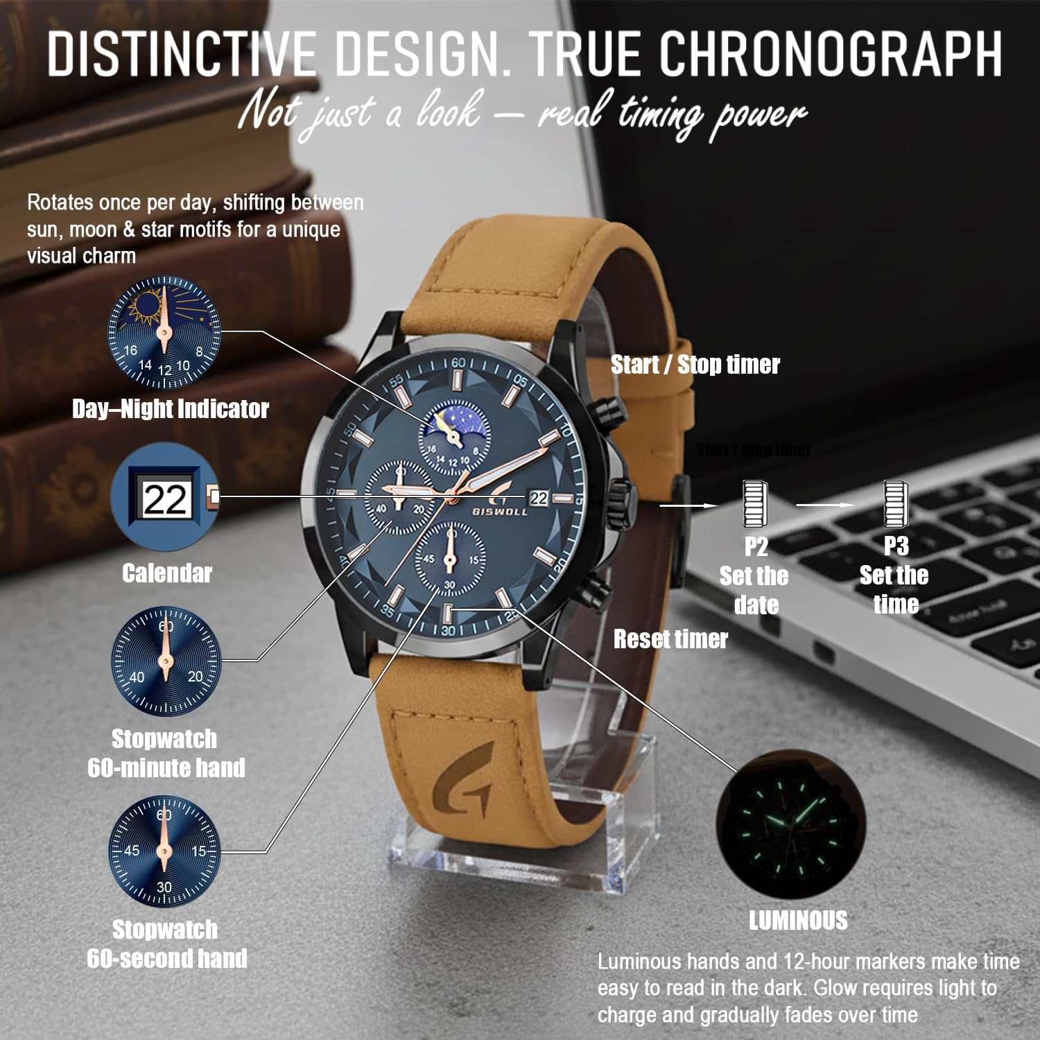 Distinctive Mens Analog Chronograph Watches with Auto Date & Multi Subdials, Fashion Casual Sport Quartz Wrist Watches with Luminous, 3ATM Waterproof, Valentines Day Gifts for Him, Boyfriend, Husband, Dad - Image 2