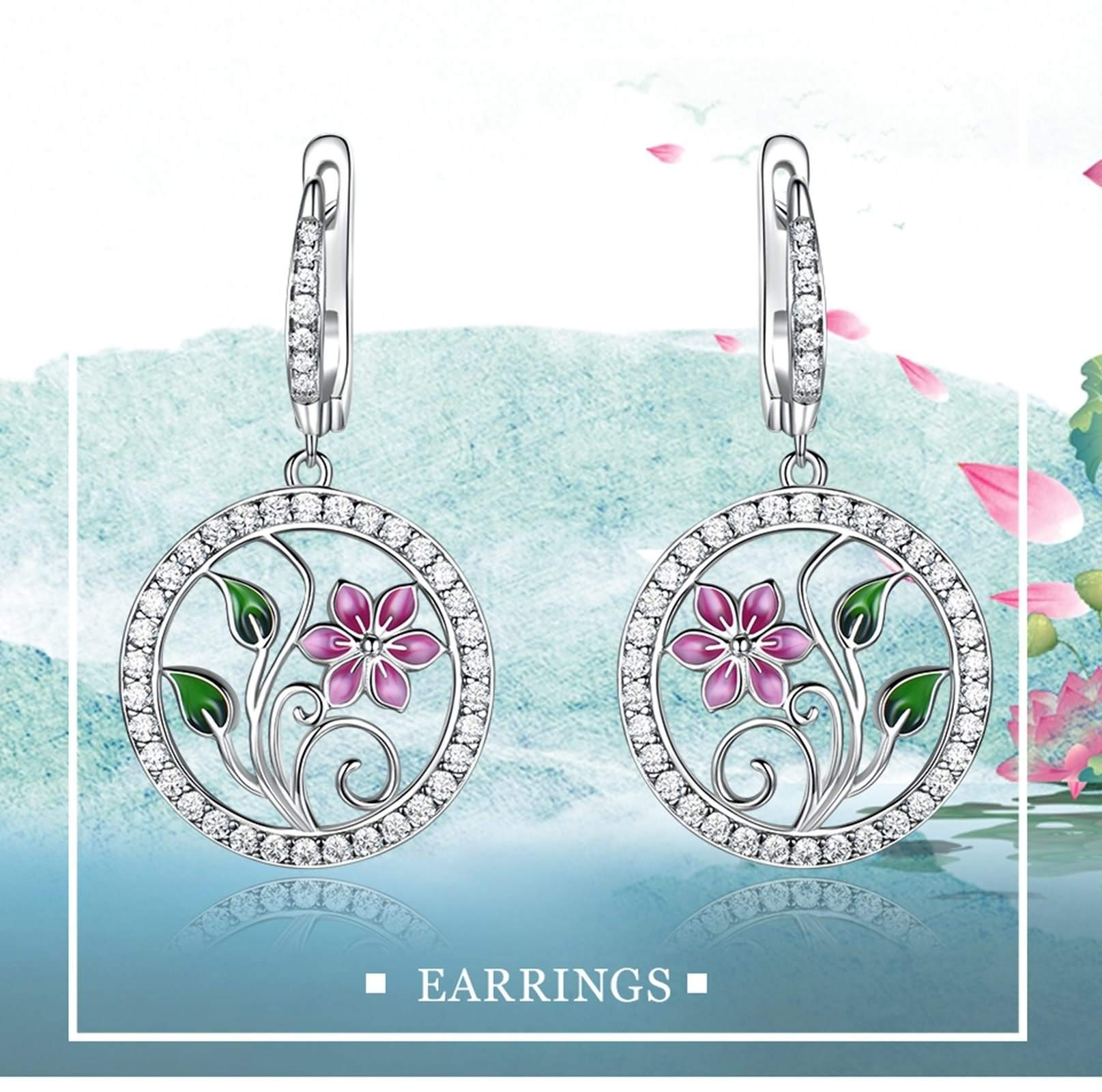 Ohrring Mädchen Silber, Anhänger-Ohrringe Silber Ohrringe Damen Lotus Aus Emaille Weiß Runden Zirkon Frauen Geschenke