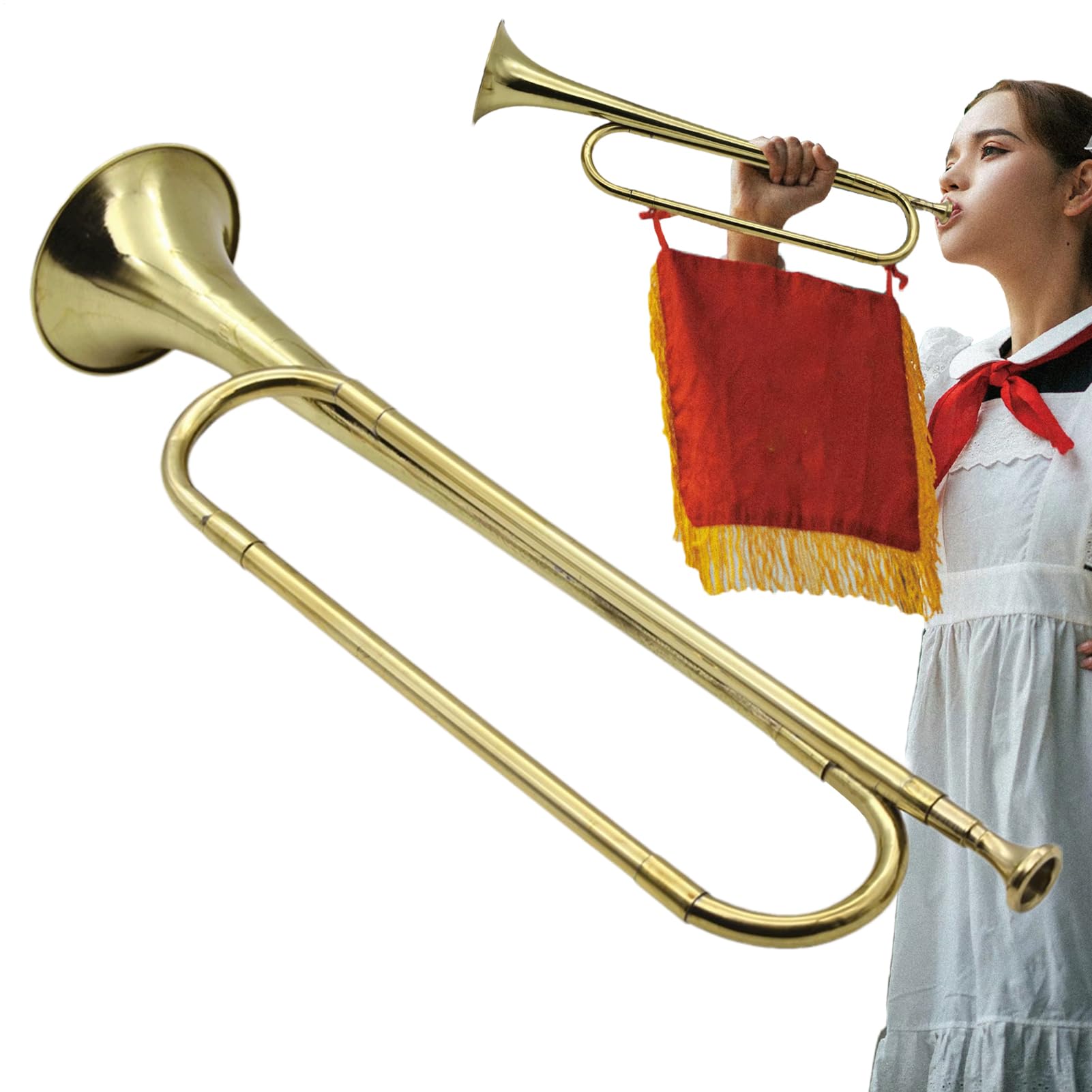 Trompete – vergoldet 47 x 11 cm | flaches Kavallerie-Horn B, Musikinstrument aus, Retro-Trompete Standard für Schulorchester, Kavallerieorchester, Fanfare